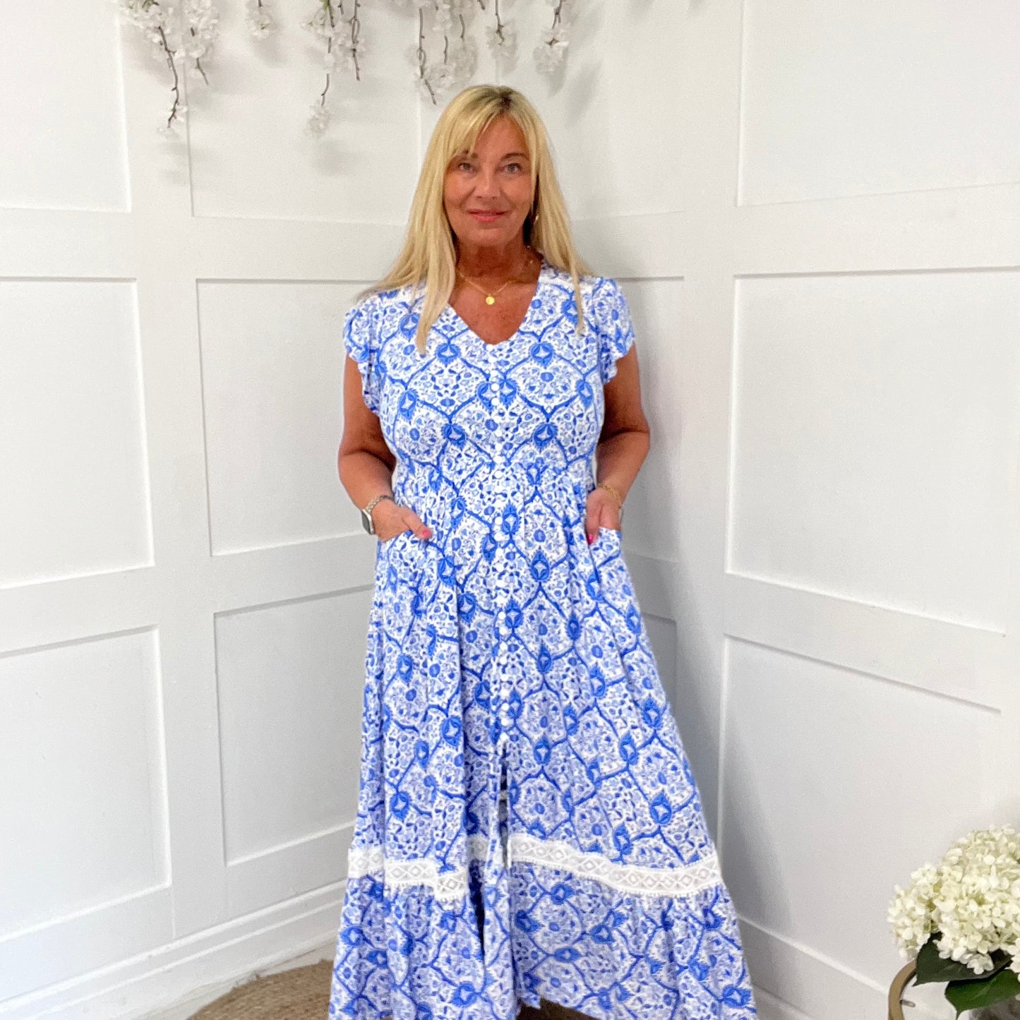 Alicia: China blue & white V neck maxi dress. Sizes: 8-16