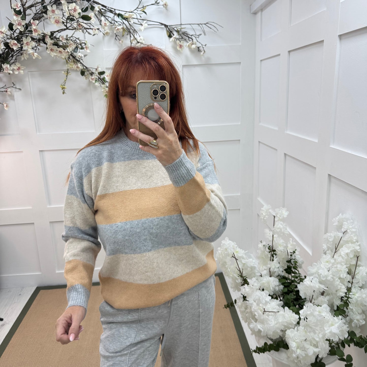 Minty: Beige stripe soft knit top. One size 10-18
