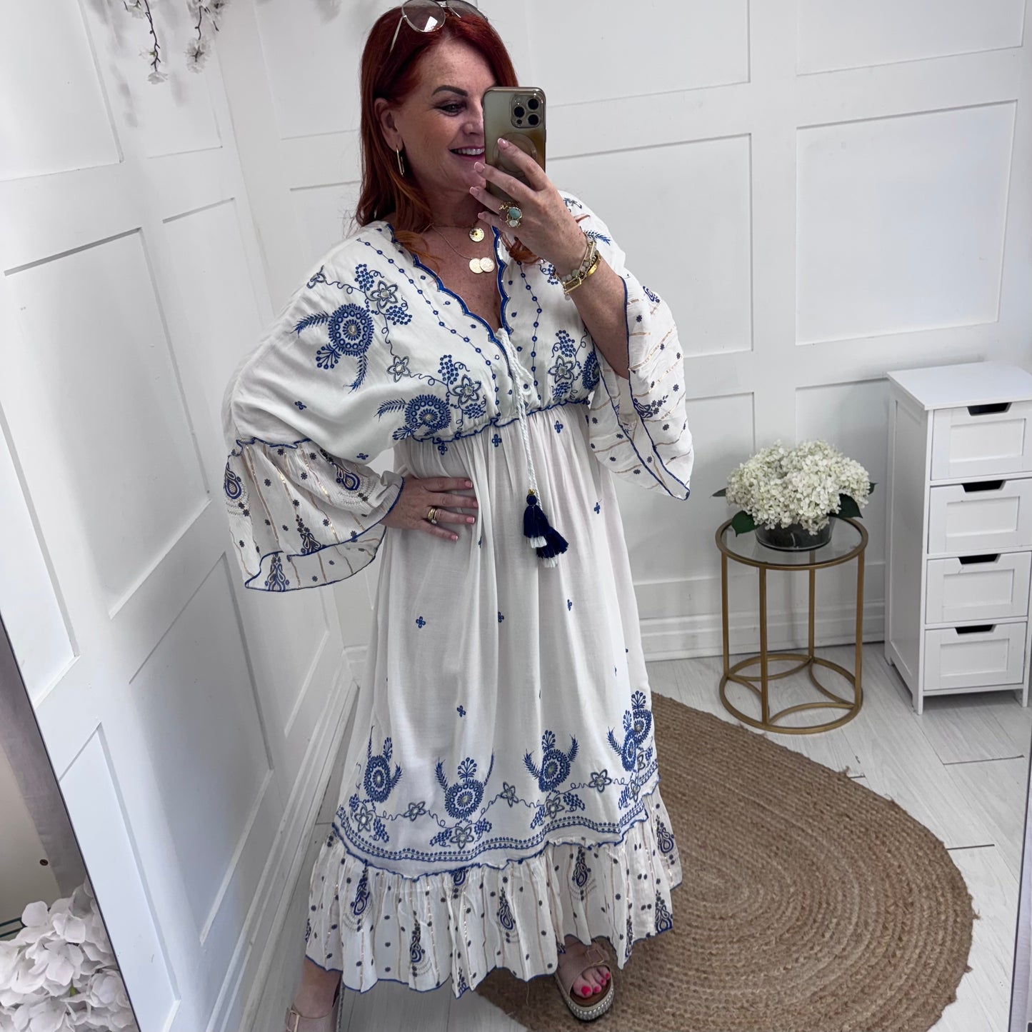 Carlie: White & blue bohemian maxi dress. One size: 12-18