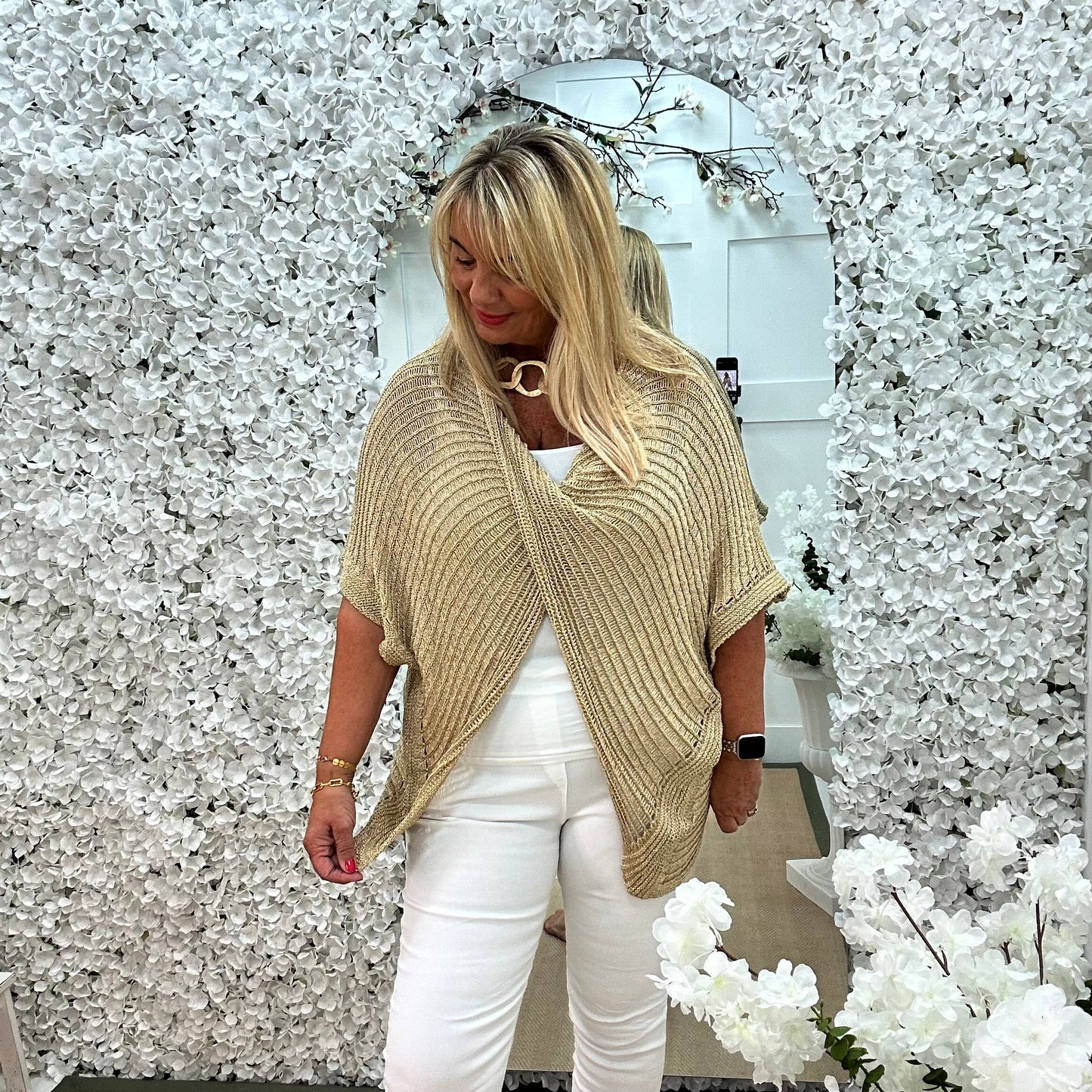 Harriet: Gold lurex cross over top. One size: 16-24