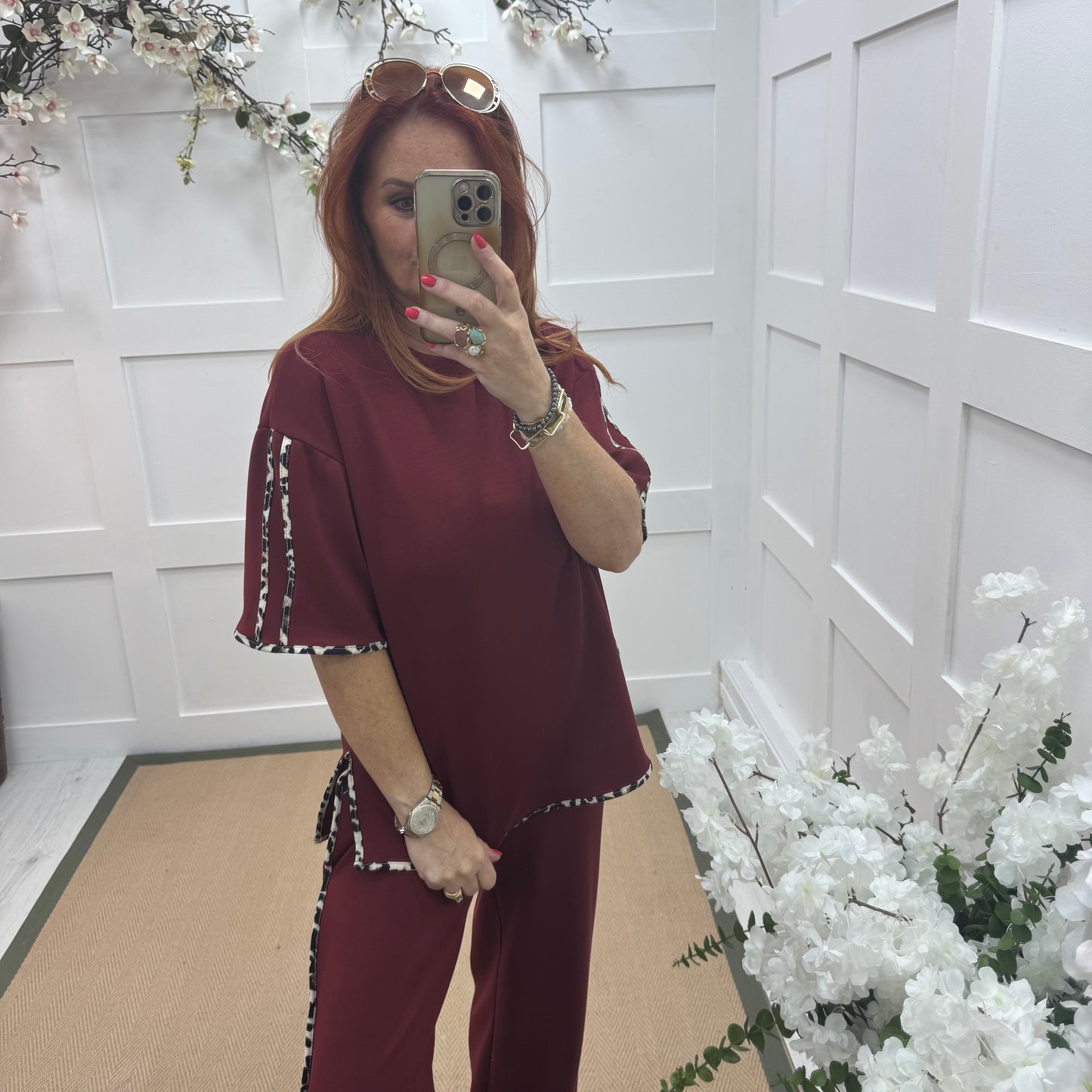 Malka: Burgundy leopard print stripe loungewear set. One size: 12-18