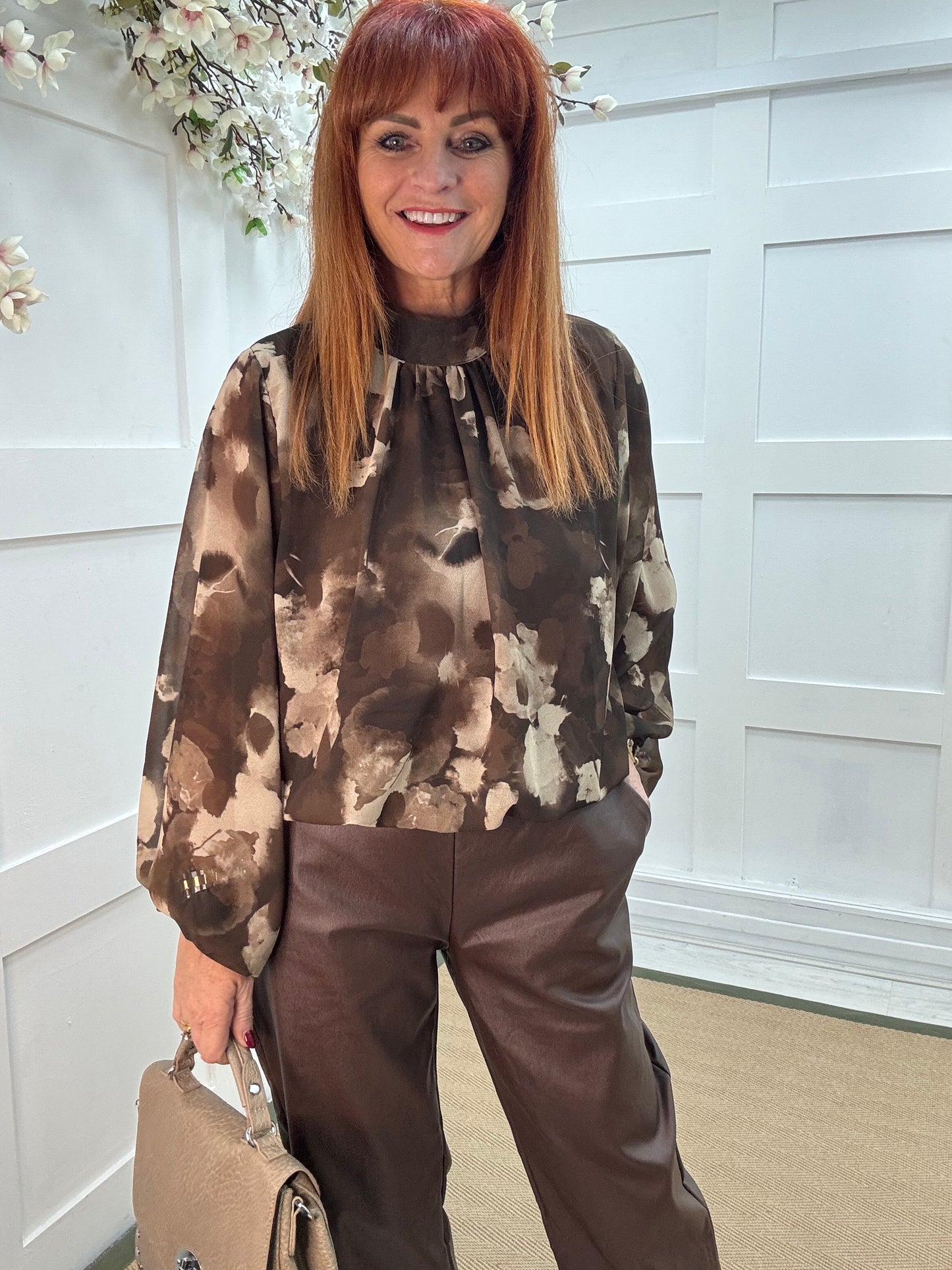 Holly: Brown & cream print high neck top. One size: 10-16