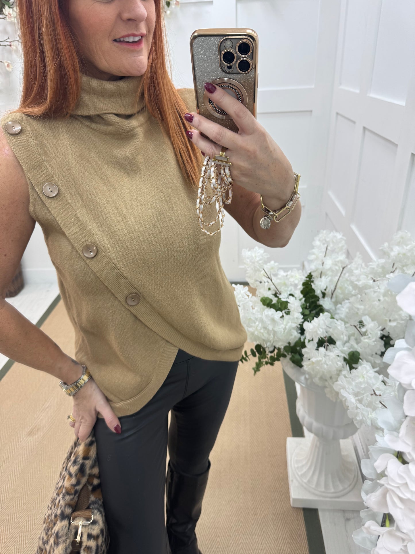 Viola: Sand sleeveless cowl neck wrap top. One Sz: 10-16