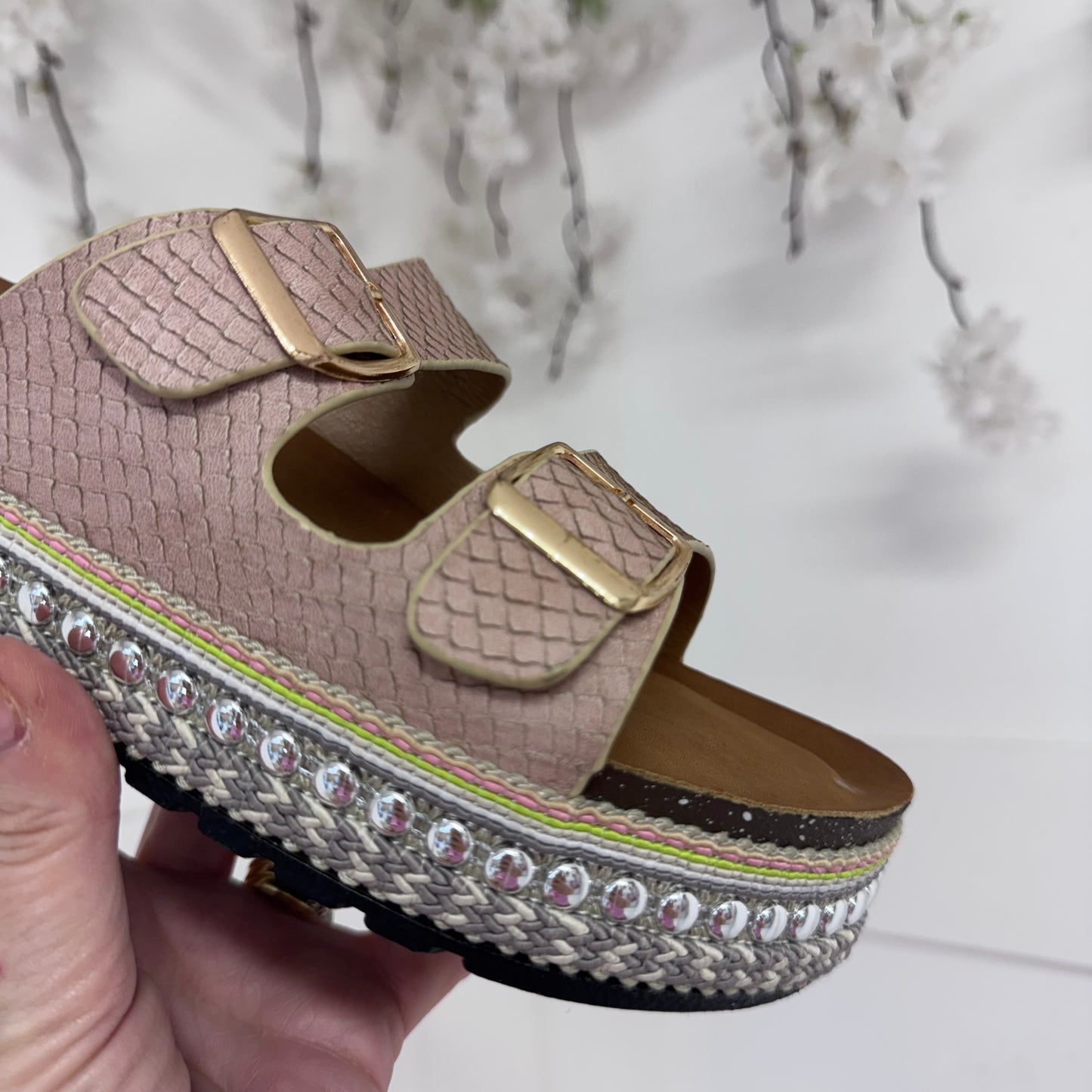 Nadia: Beige 2 strap wedge sliders. Sizes: 3-8
