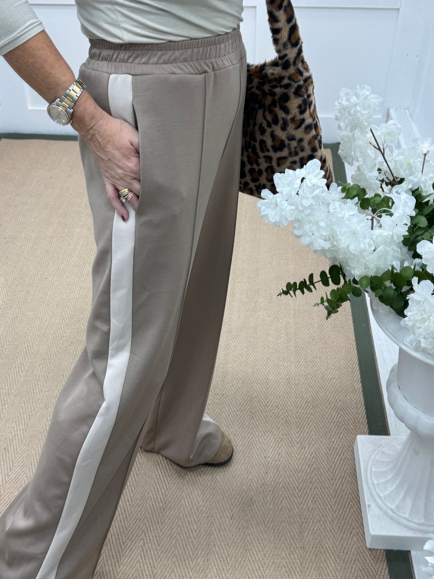 Savanna: Mocha cream sport stripe stretchy wide leg pocket trousers. One size 10-16