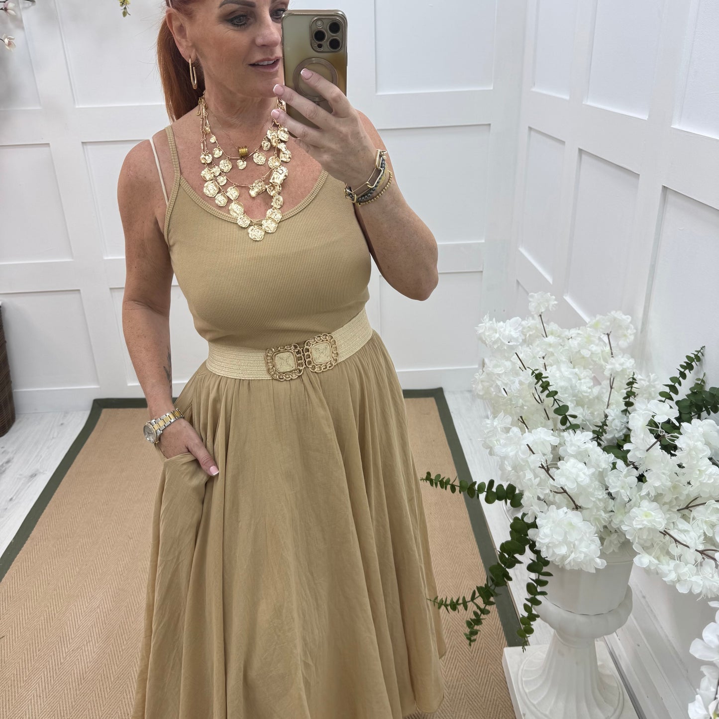 Lizbeth: Sand cotton pocket midi dress. One size: 10-16