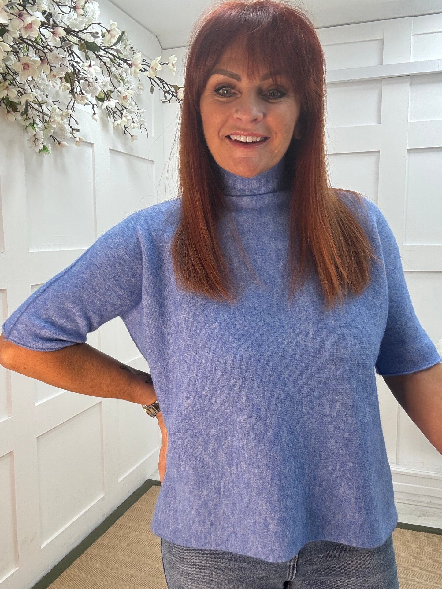 Goldie: Blue short sleeve knitted top. One size: 10-16