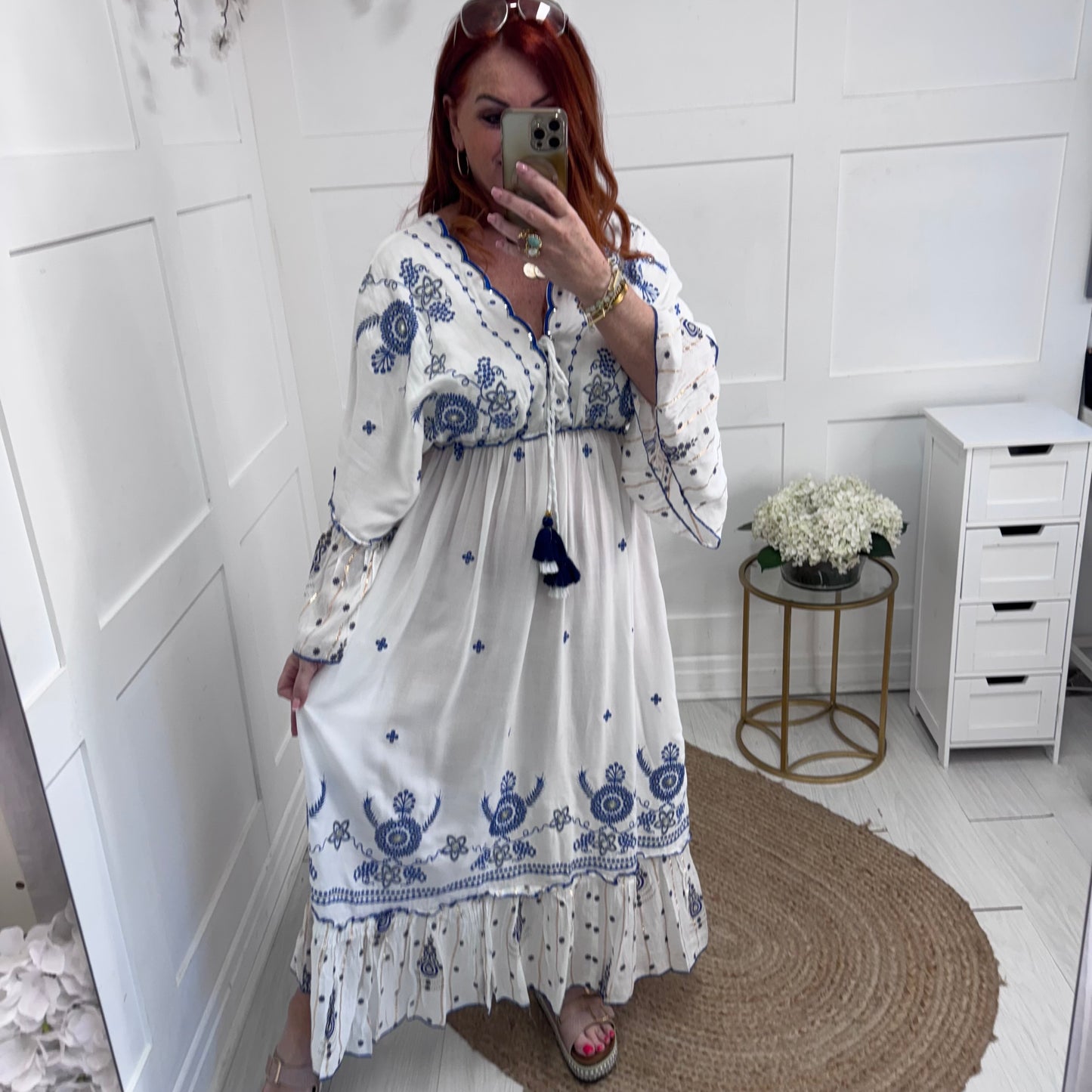 Carlie: White & blue bohemian maxi dress. One size: 12-18