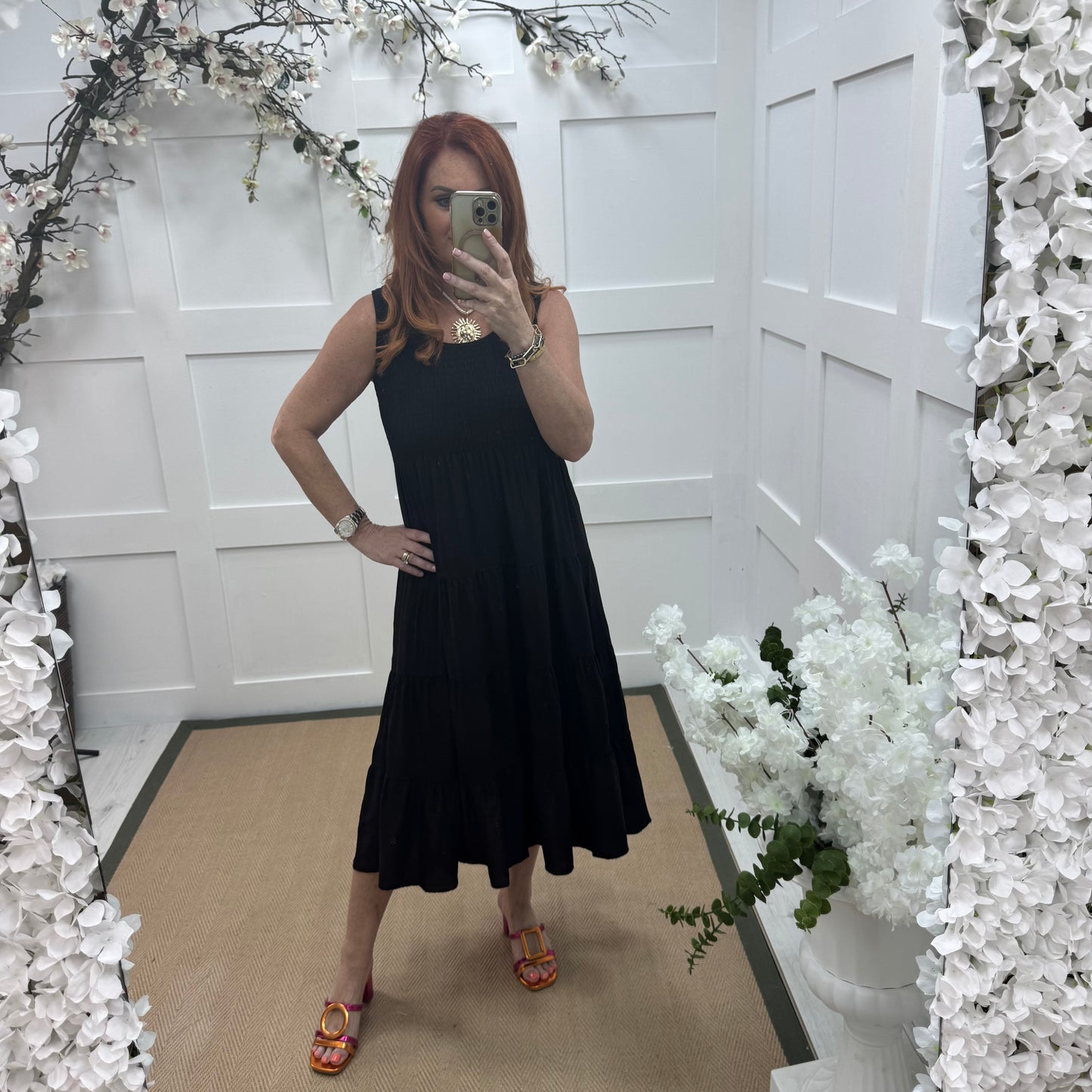Melody: Black shirred midi dress. One size: 12-18
