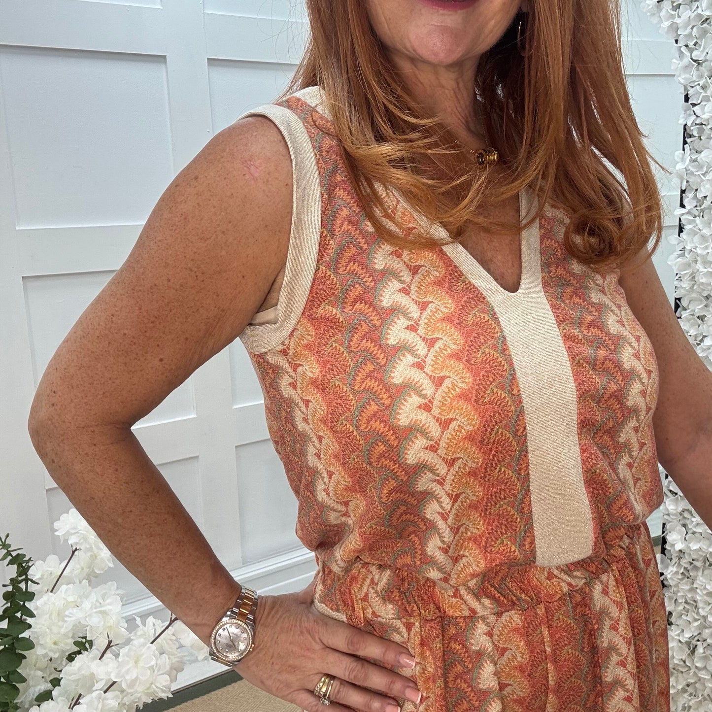 Pasha: Orange zigzag top & printed trouser co-ord set. One size: 12-18