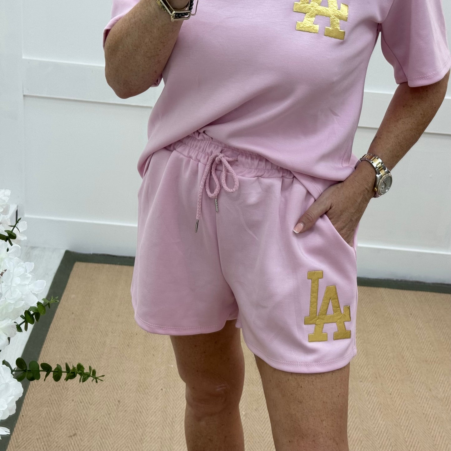 Teagan: Pink & gold LA loungewear shorts set. One size: 8-16