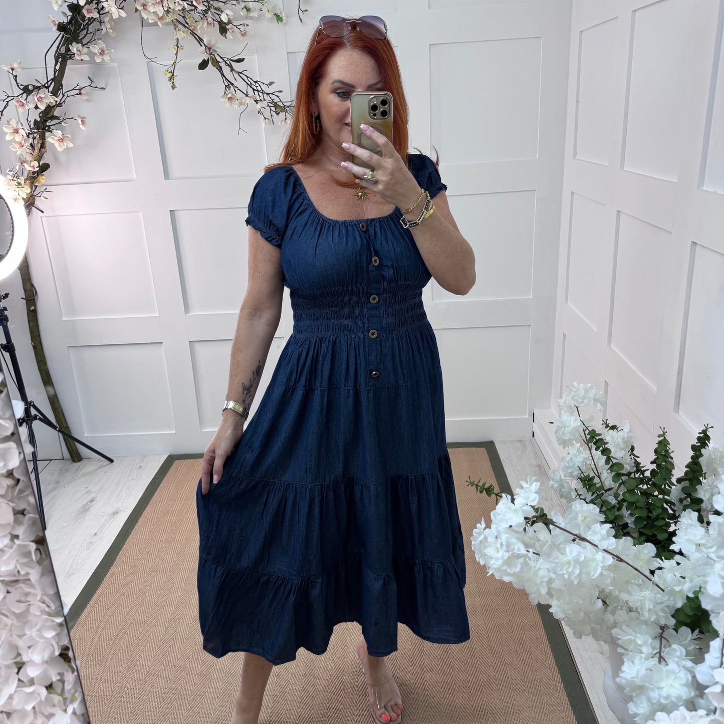 Remi: Cotton denim bardot midi dress. One Size 10-20