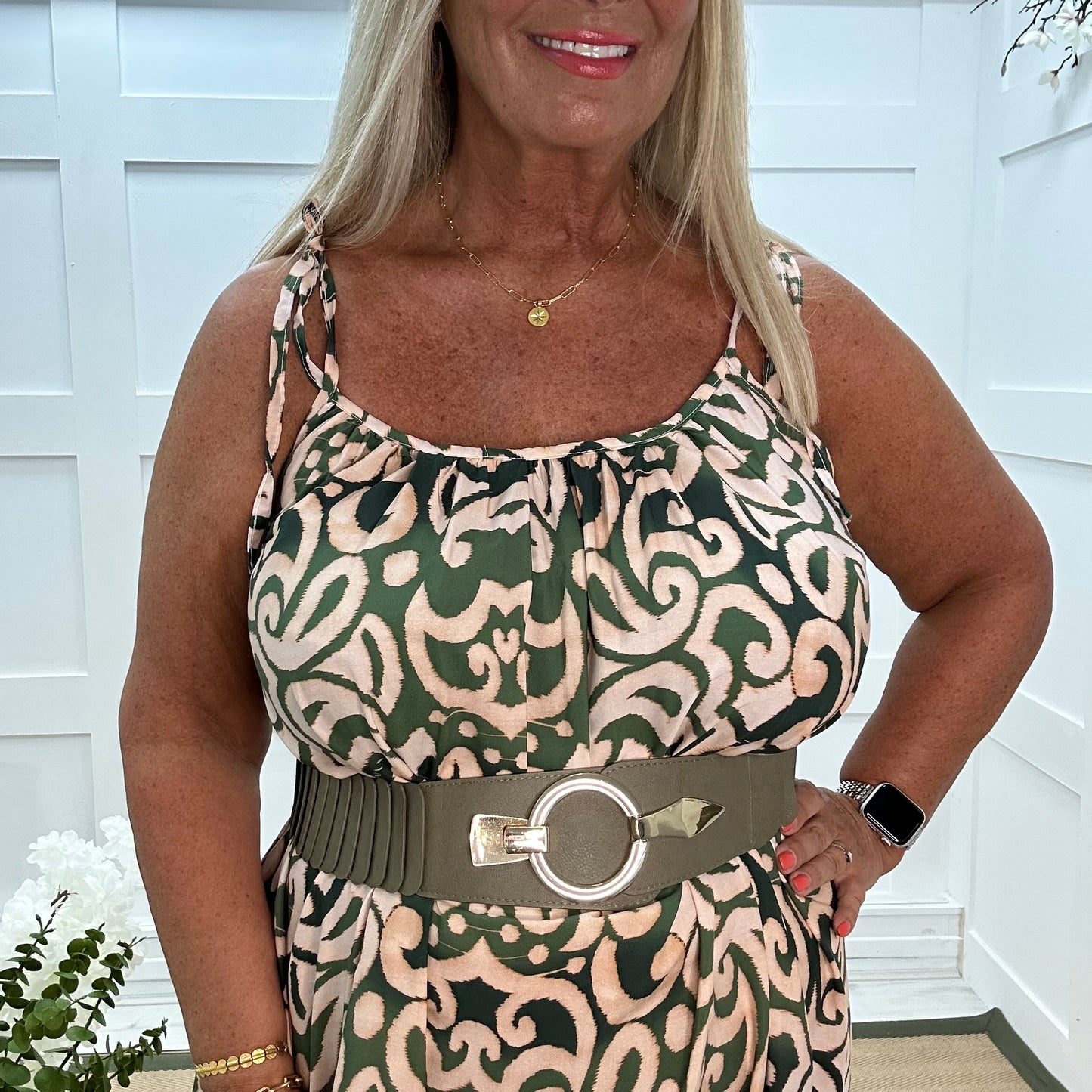 Kandi: Khaki abstract print strappy maxi dress. One size 16-22