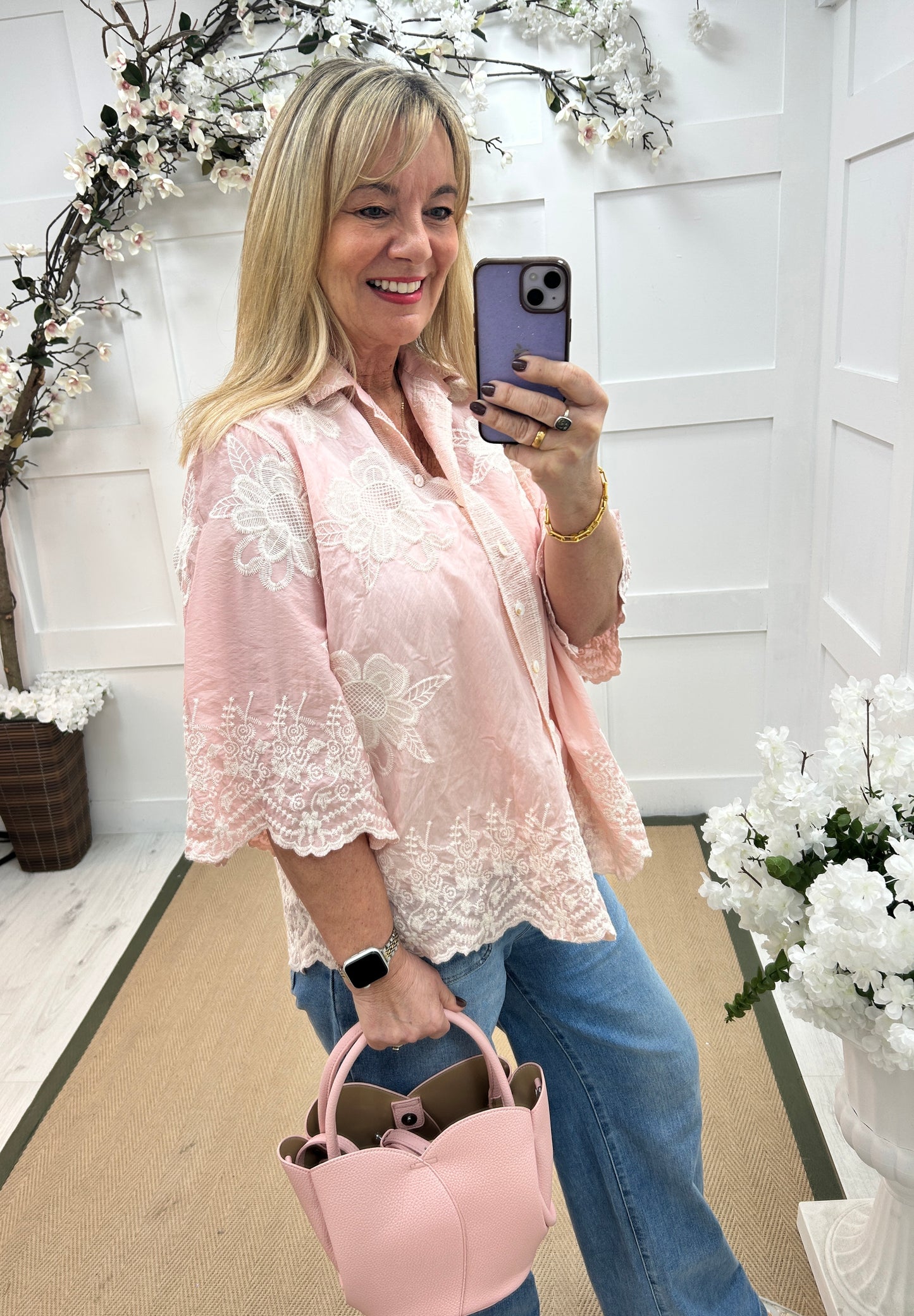 Emily: Pink floral embroidered shirt. One size: 14-20
