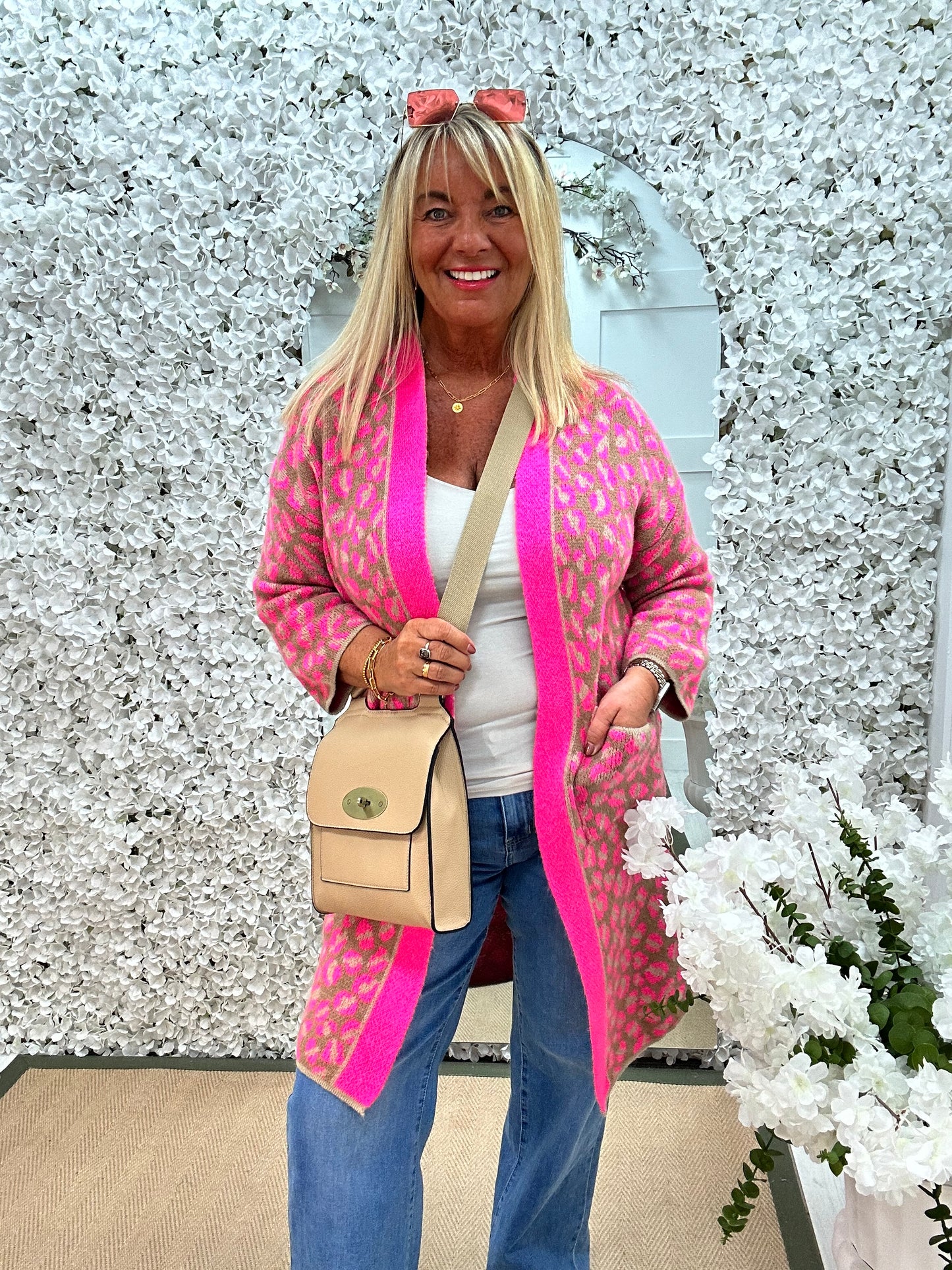 Scarlet: Pink & mocha leopard print knit cardigan. One size 10-18