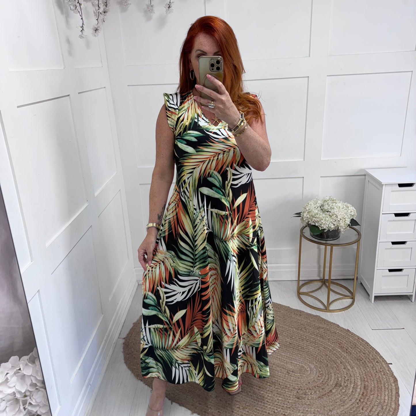 Emerson: Black palm leaf print maxi dress. One size 8-14