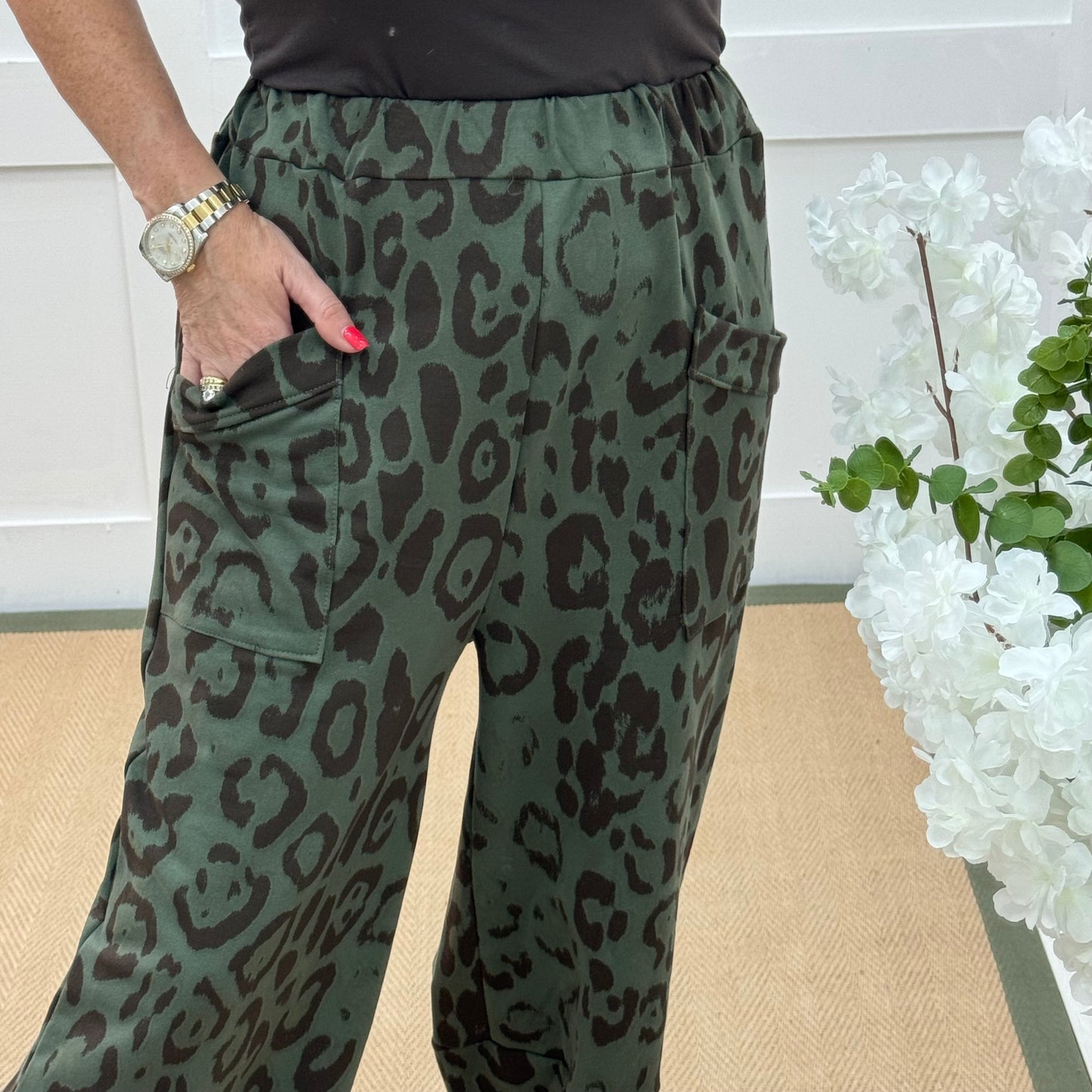 Rowan: Khaki leopard print cocoon harem trousers. One Sz: 10-18