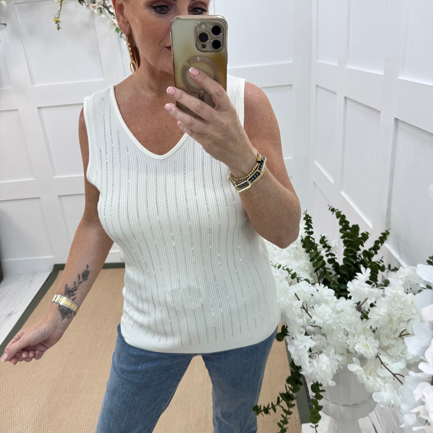 Pilar: Cream diamanté stretchy vest top. One size: 12-18