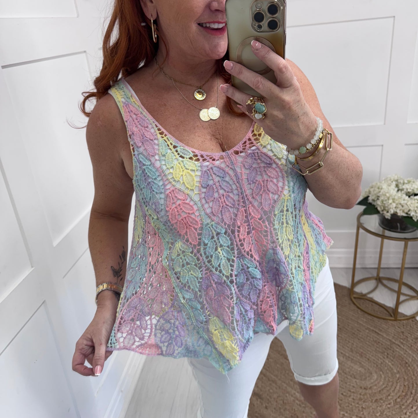 Ellen: Multicoloured crochet vest top. One size: 12-18