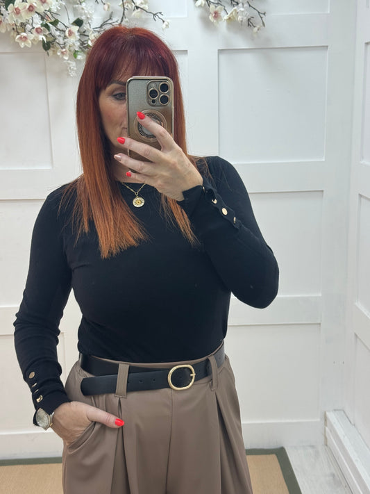 Riley: Black gold button fine knit top. 2 sizes