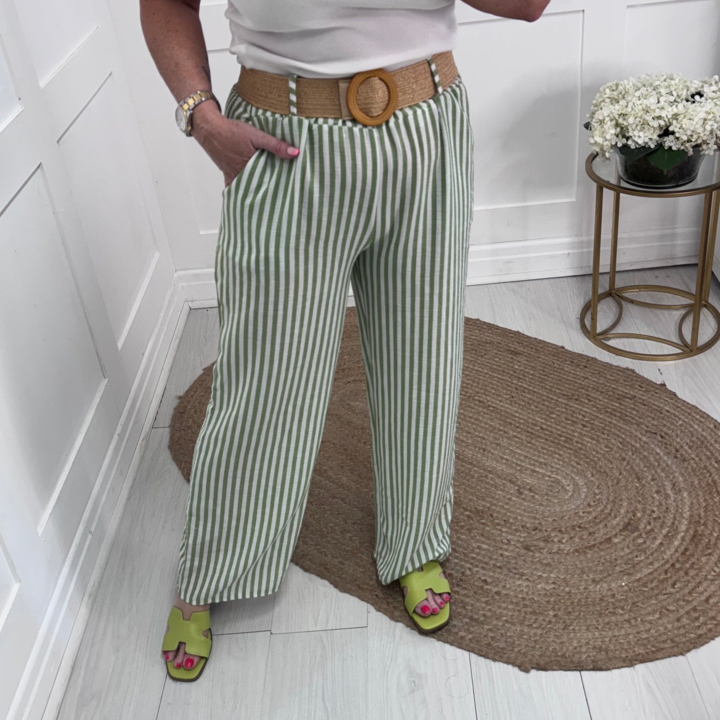 Tiff: Lime stripe wide leg belted trousers. One size: 8-14