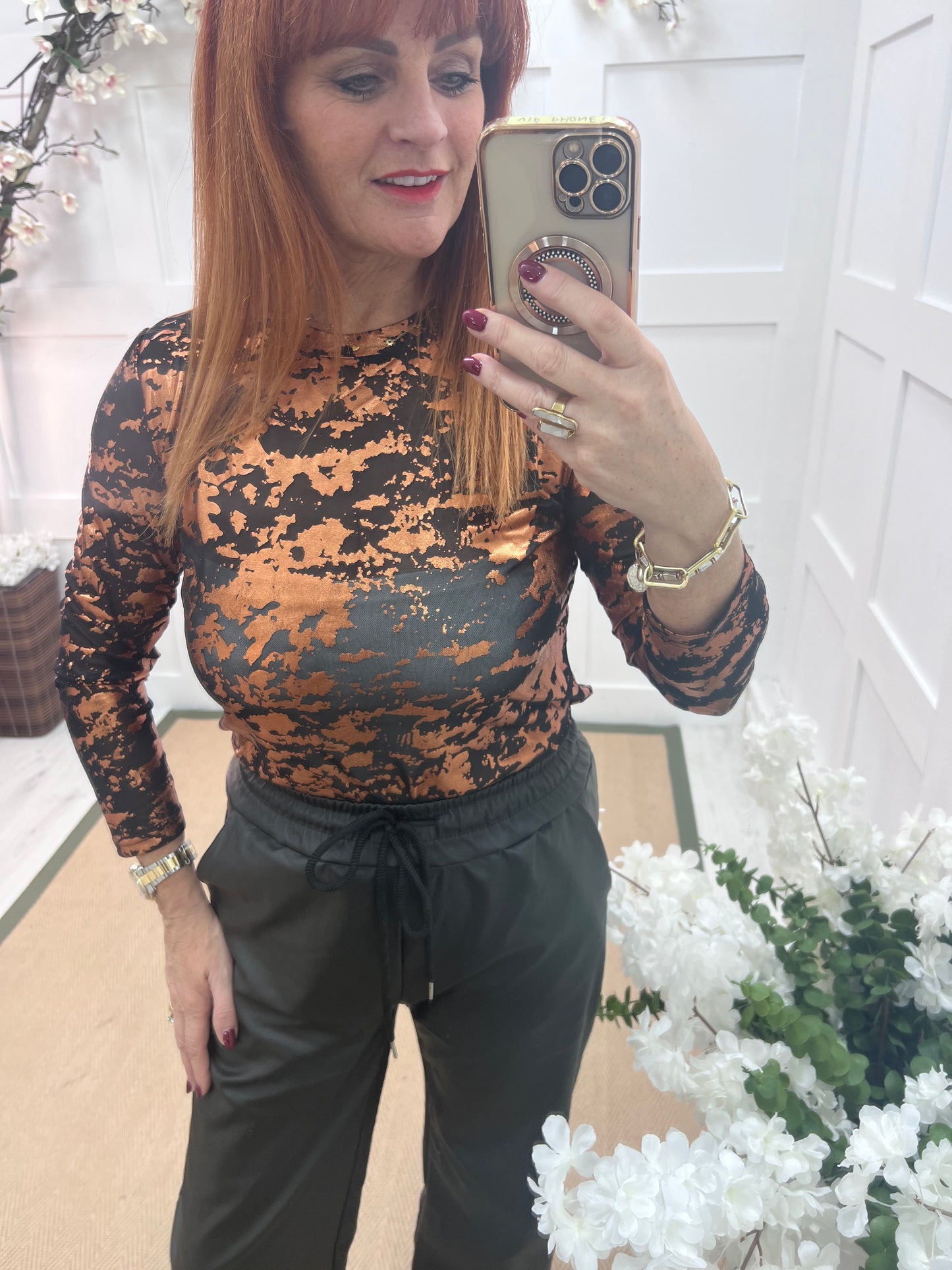 Rhiana: Bronze metallic stretchy sheer mesh top. One size 12-18