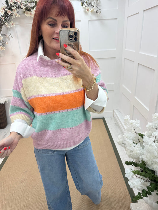 Della: Pink stripe short sleeve wool top. 2 sizes