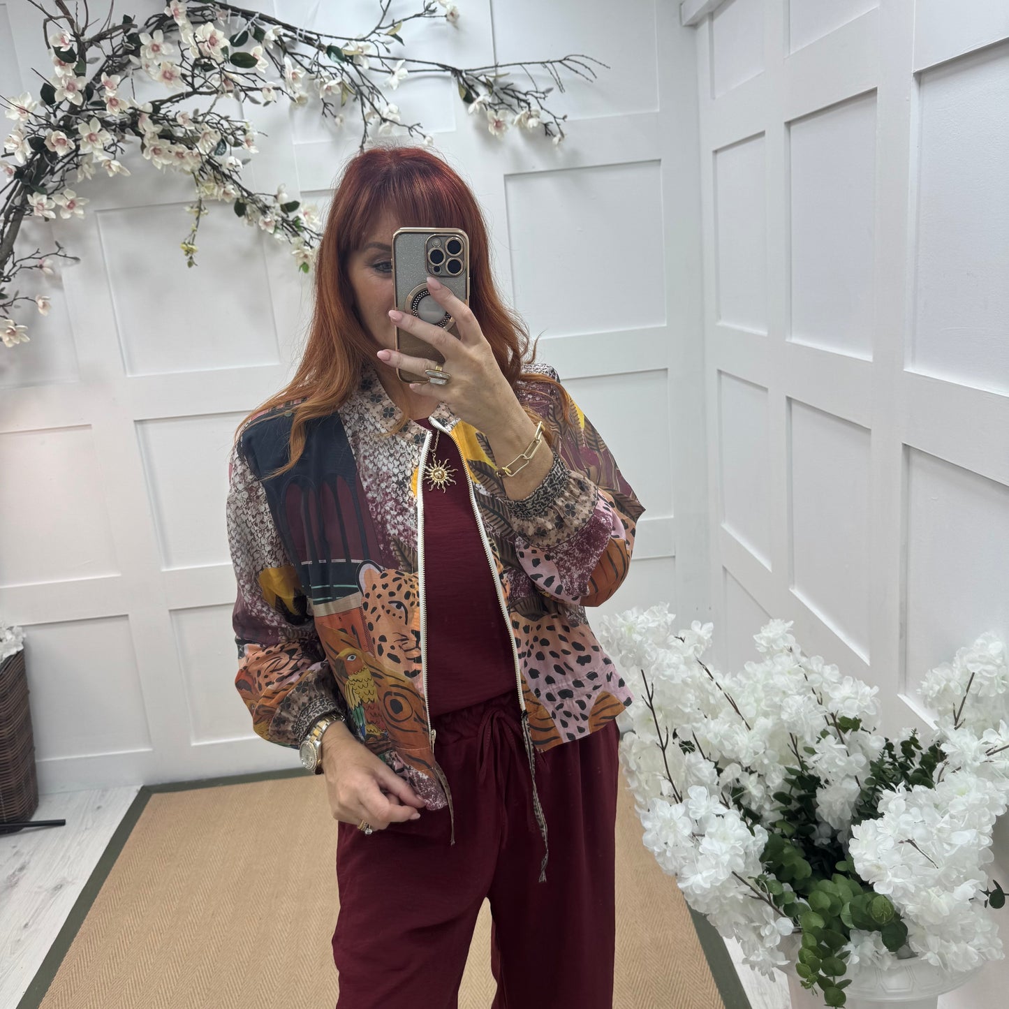 Amelia: Silky burgundy printed bomber jacket. One size: 8-16
