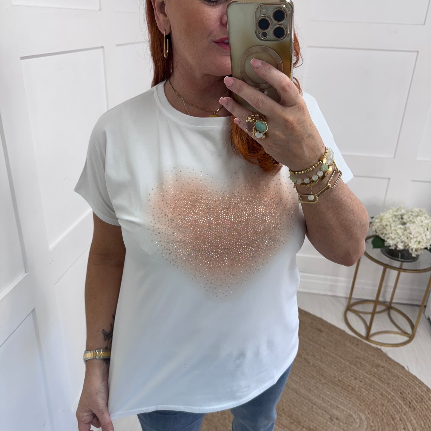 Katie: White & peach diamanté’ heart T shirt. One size: 14-18