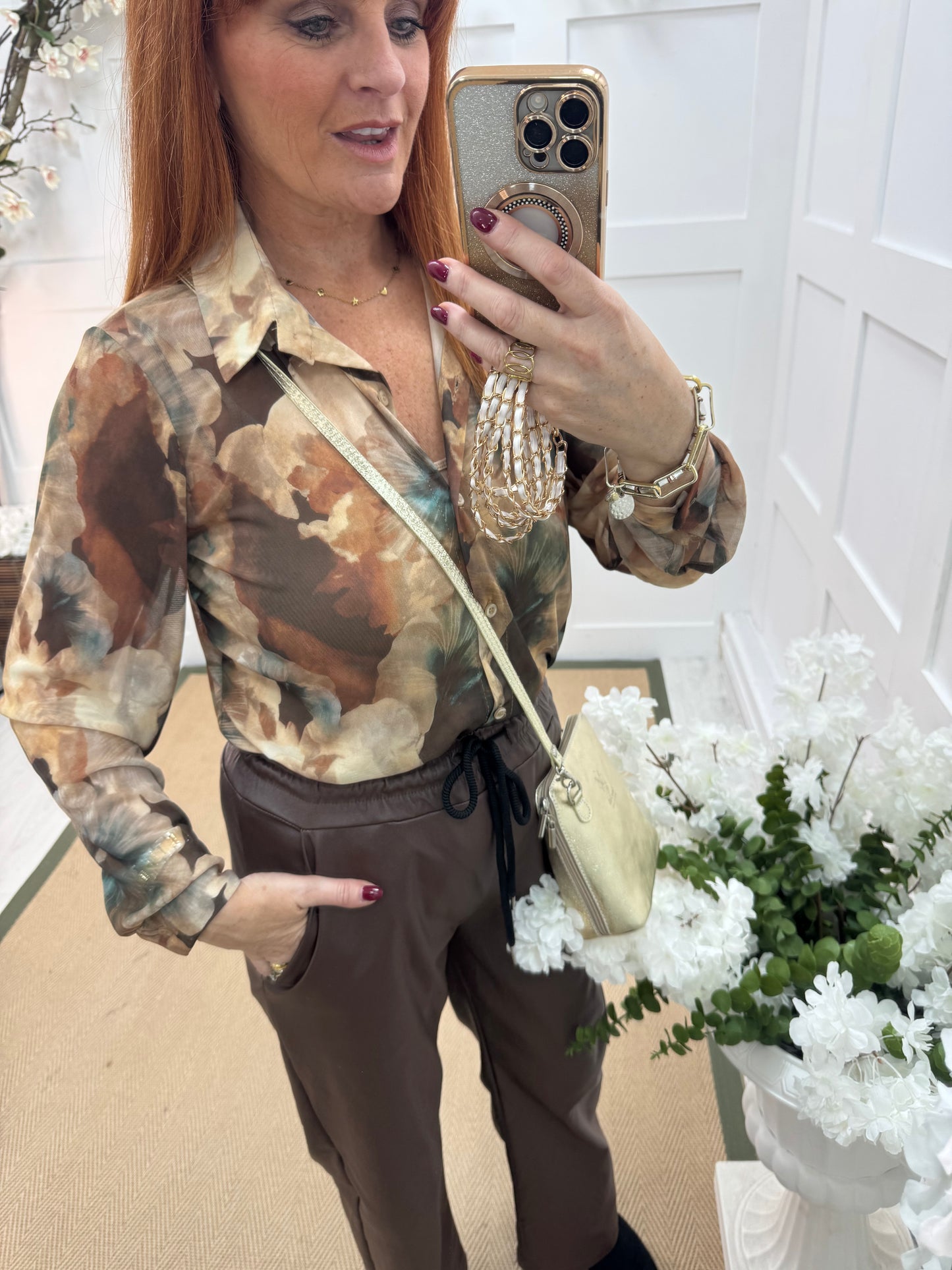 Rosario: Brown floral mesh shirt. One Sz: 10-16