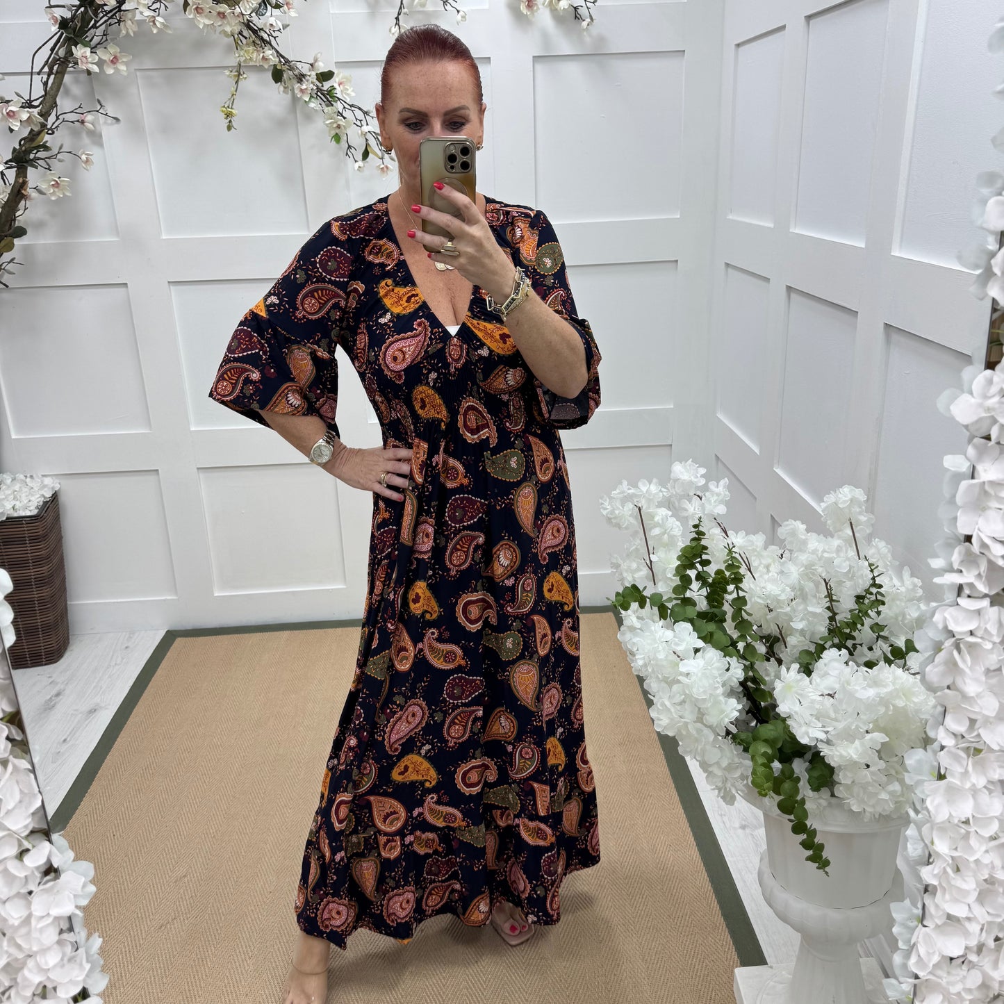 Katia: Navy & orange paisley maxi dress. 3 sizes