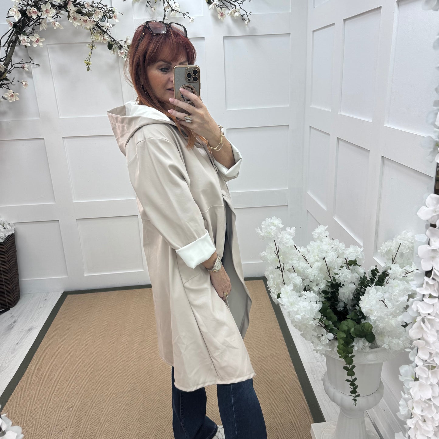 Alma: Cream long hooded raincoat. One size 12-18
