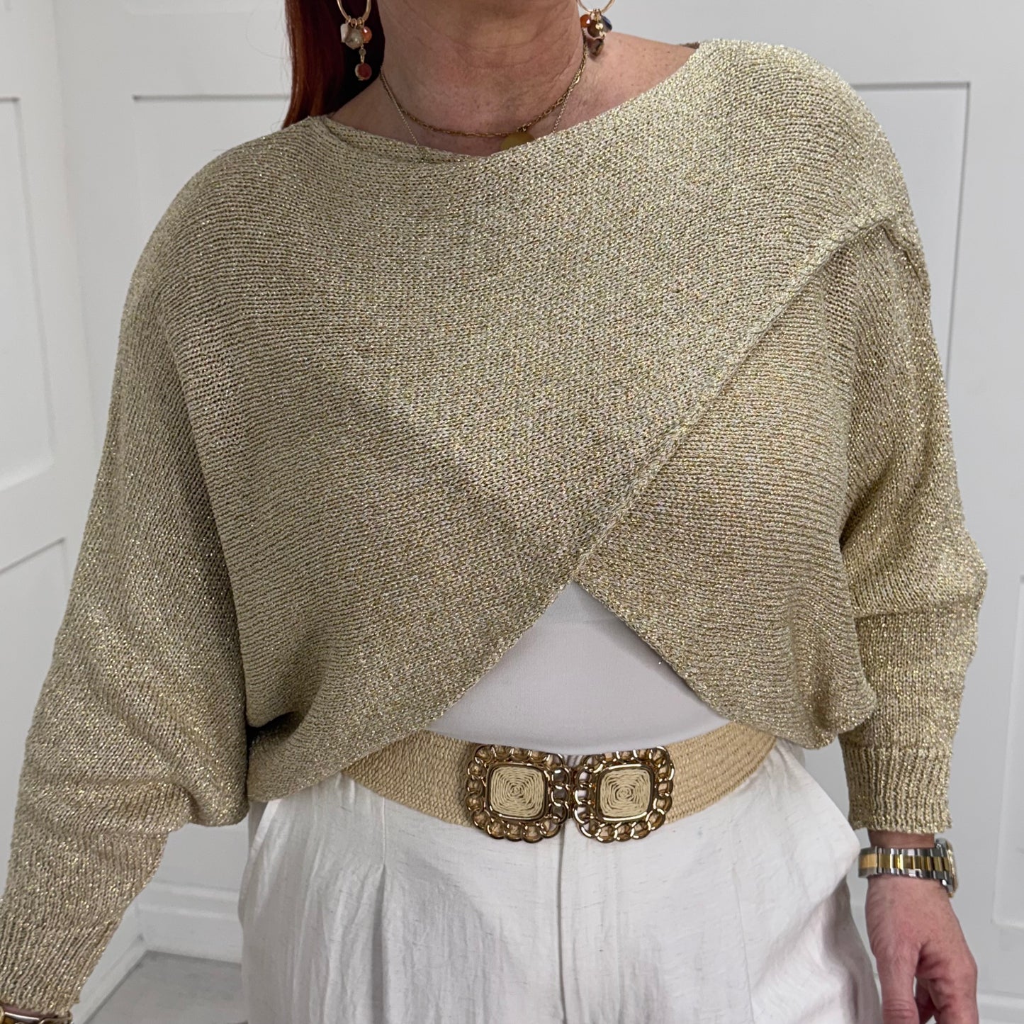 Aurora: Gold stretchy lurex wrap top. One size: 10-18