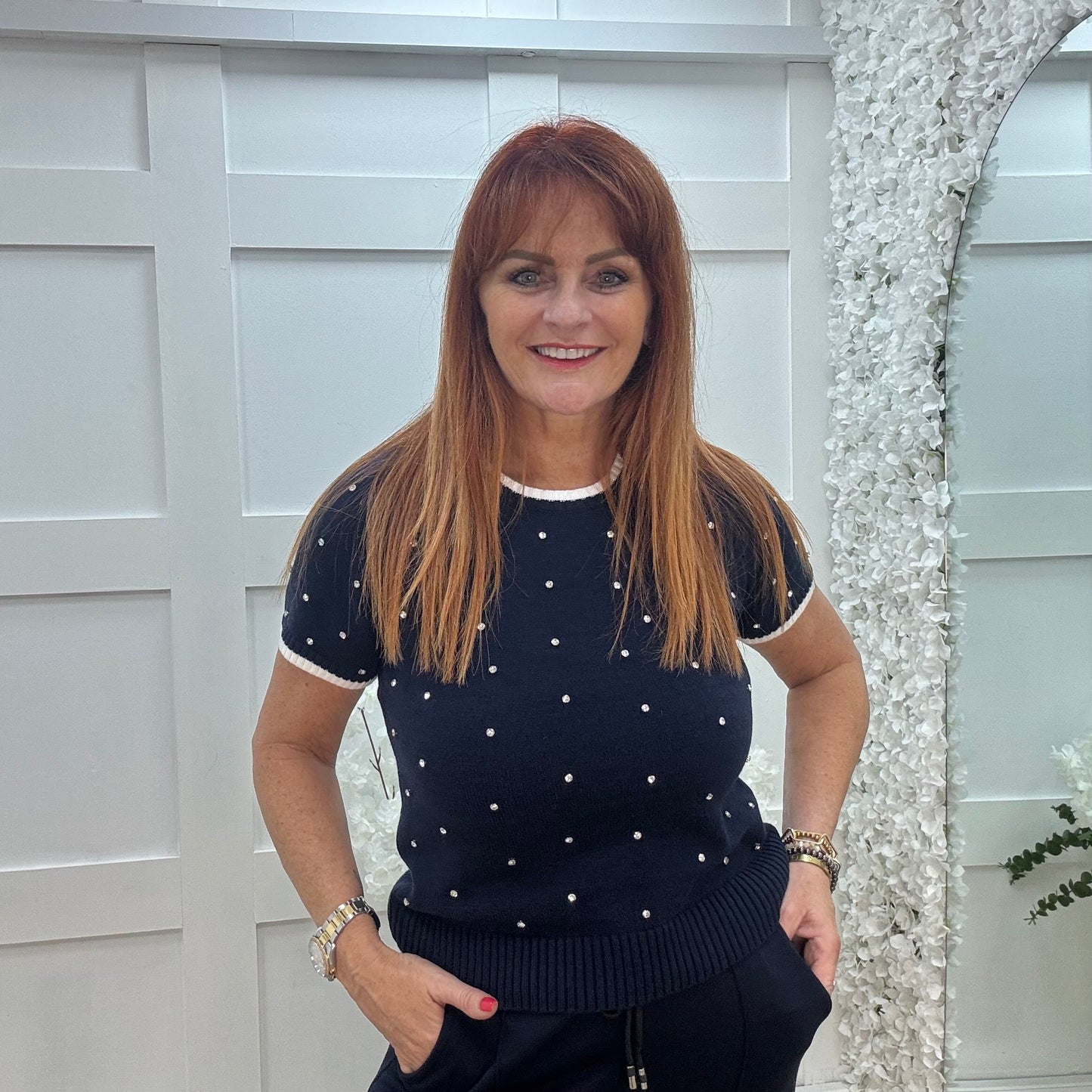 Noelle: Navy stretchy knit rhinestone top. 2 sizes