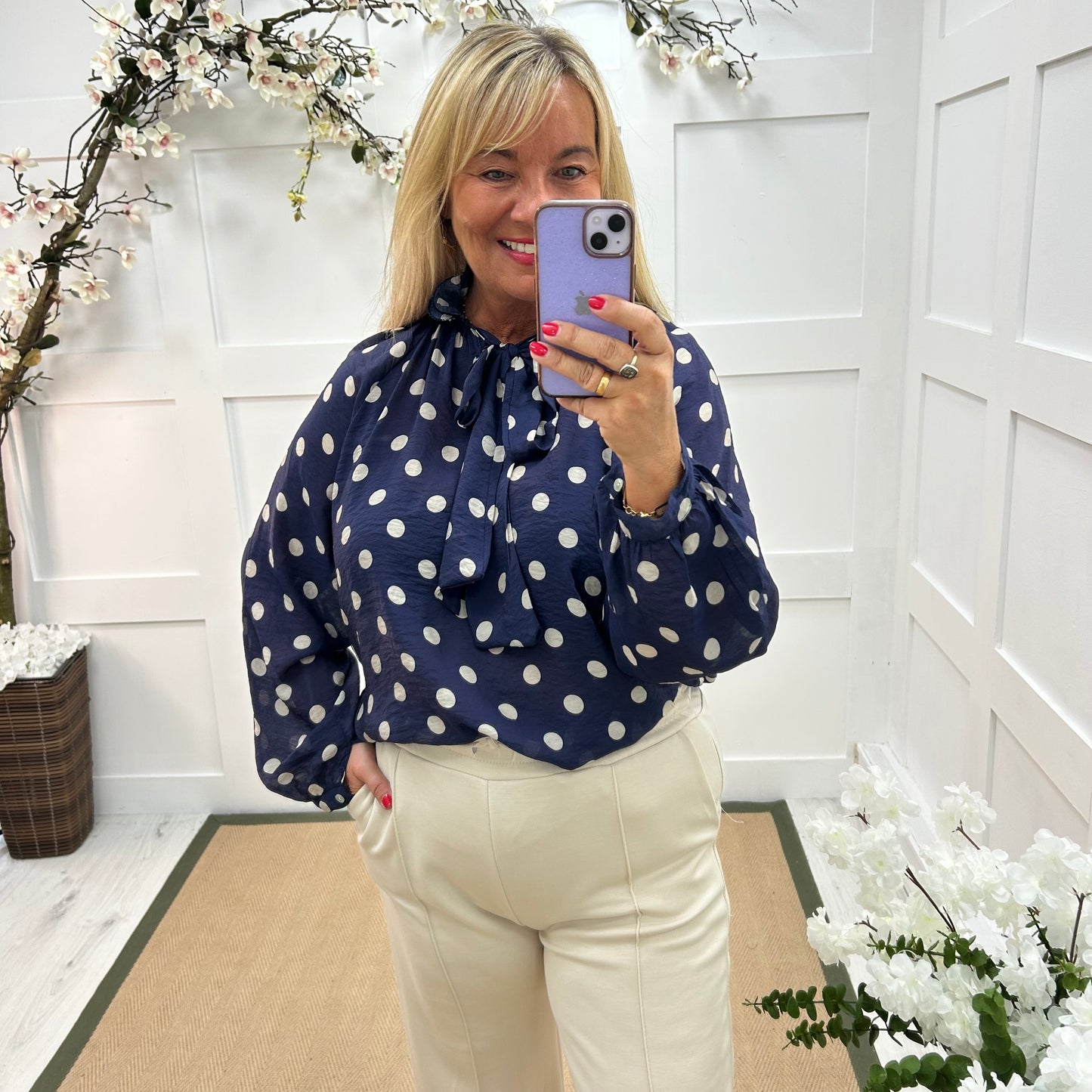 Dotty: Navy & cream spotty tie top. One size: 14-20
