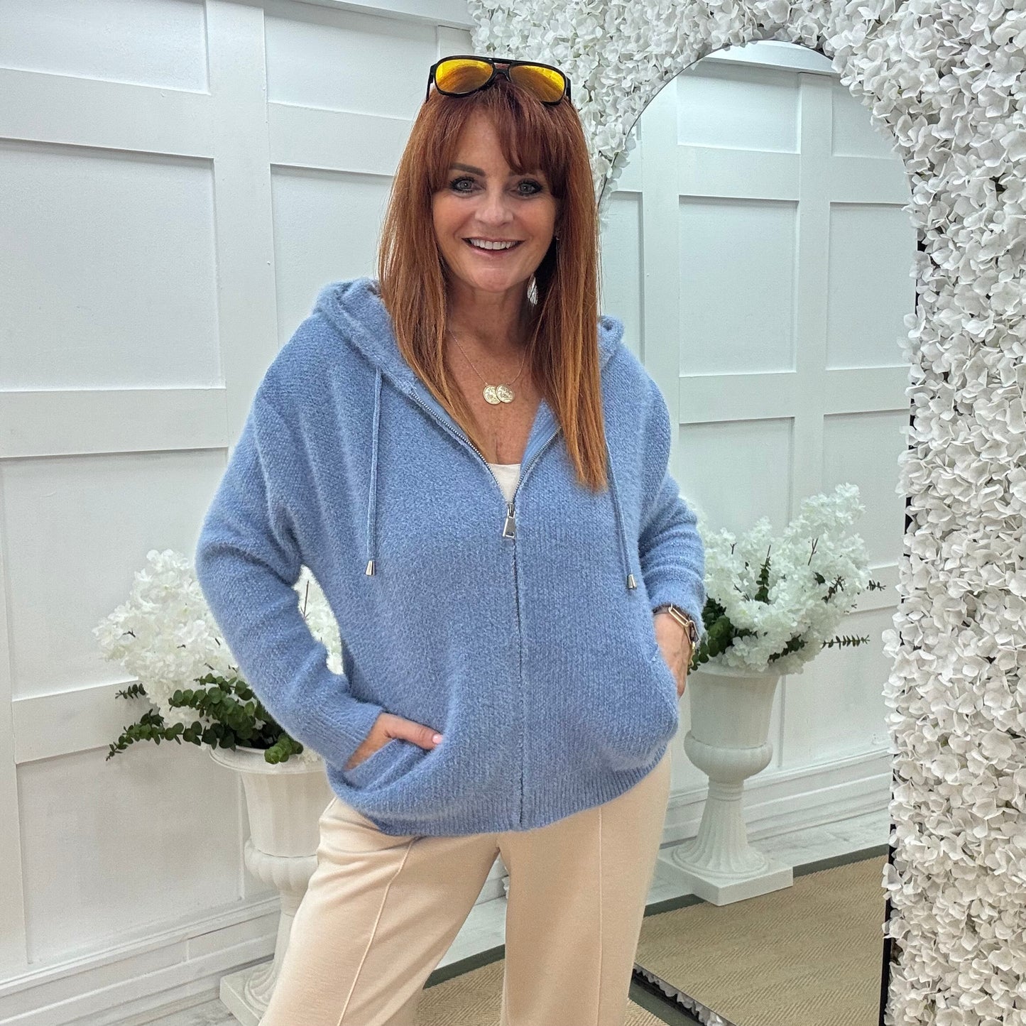 Teddi: Blue soft knit hooded top. 2 sizes