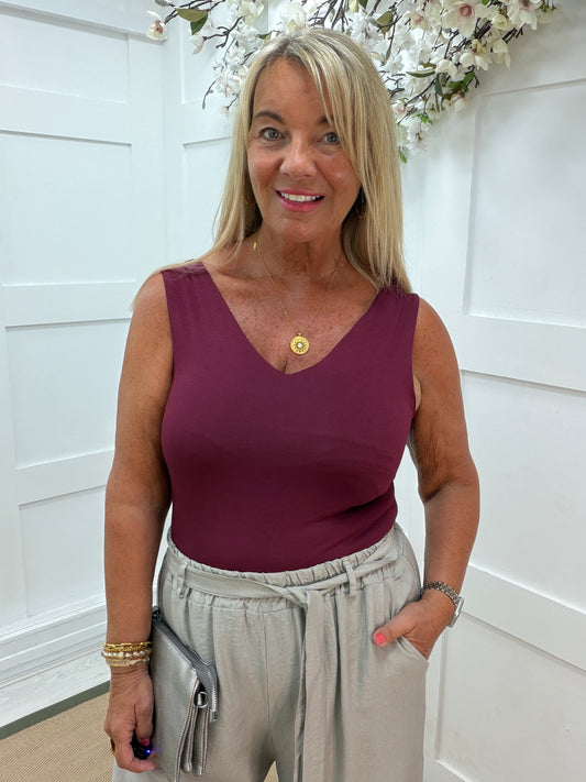 Vanessa: Stretchy V neck basic vest top. One size: 8-14. 3 colours