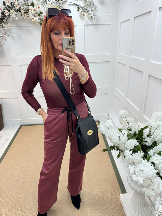 Romy: Burgundy sheer mesh top. One Sz: 12-18