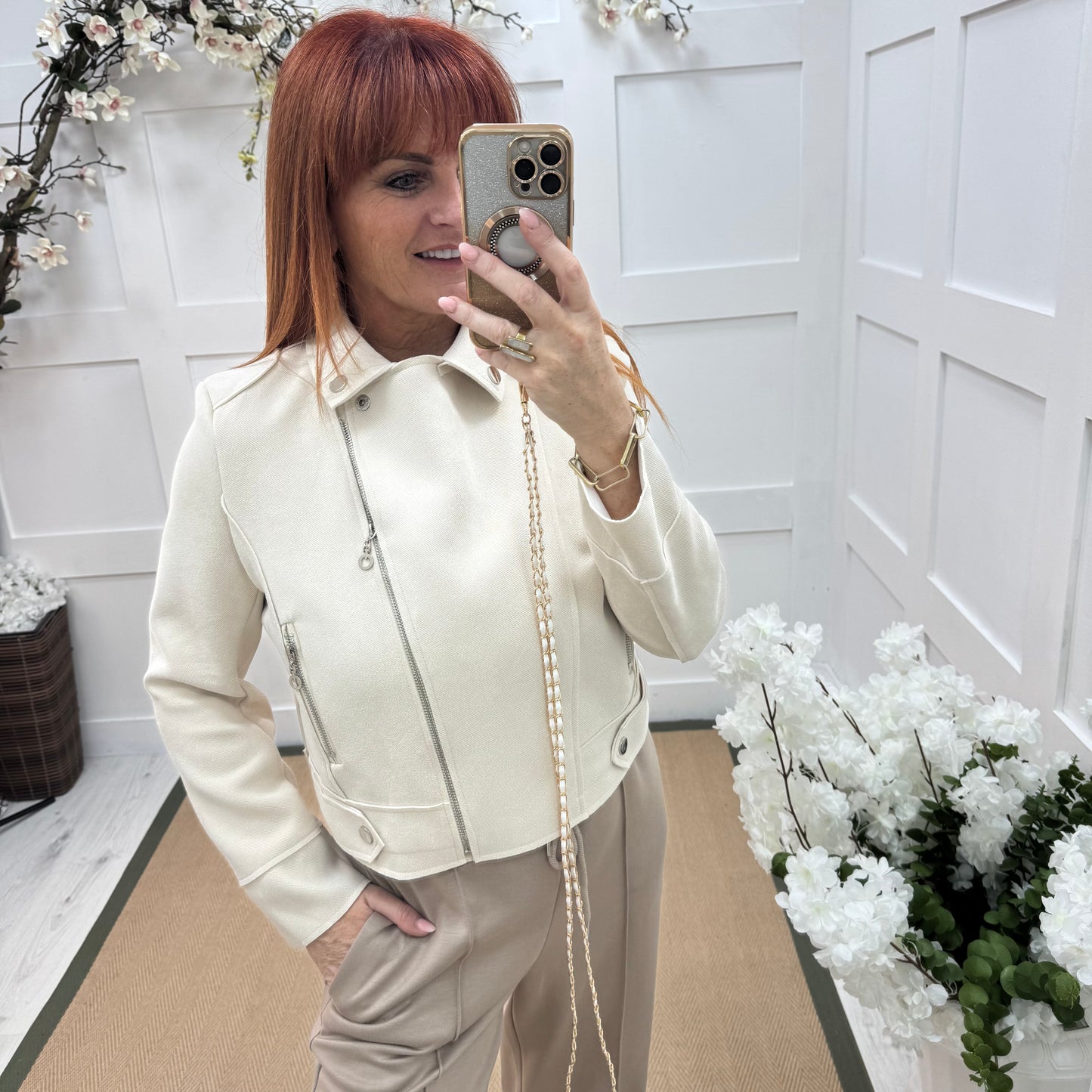 Dorita: Cream soft feel biker jacket. 3 sizes