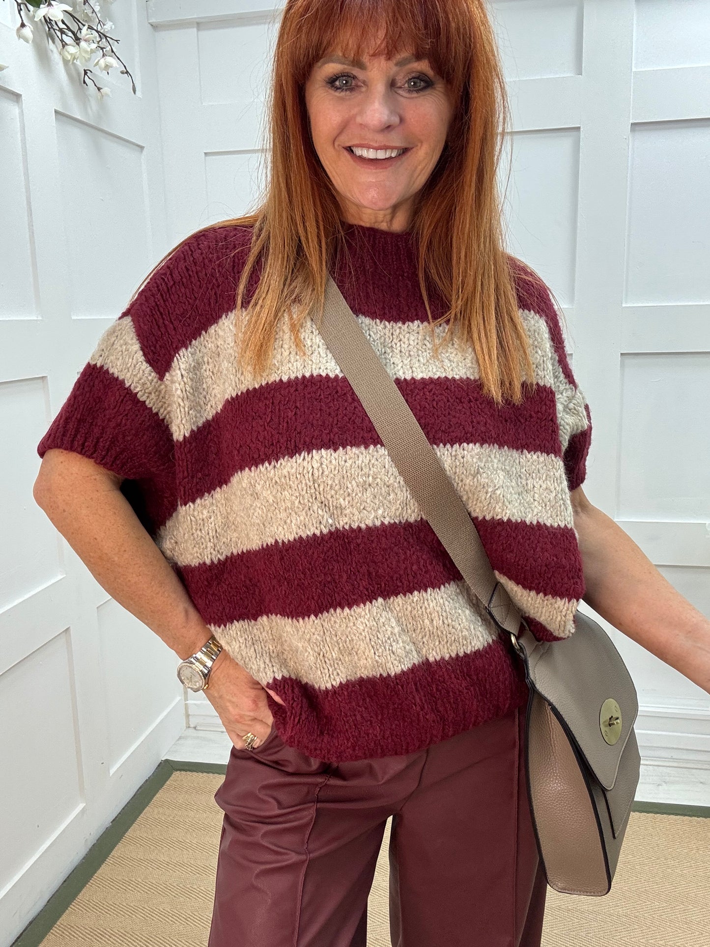 Mabel: Burgundy & cream slouchy jumper. One size 12-18/20
