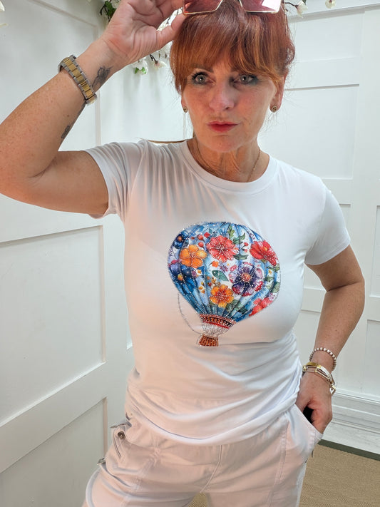 Bindi: White multicoloured diamanté hot air balloon T shirt. 2 sizes