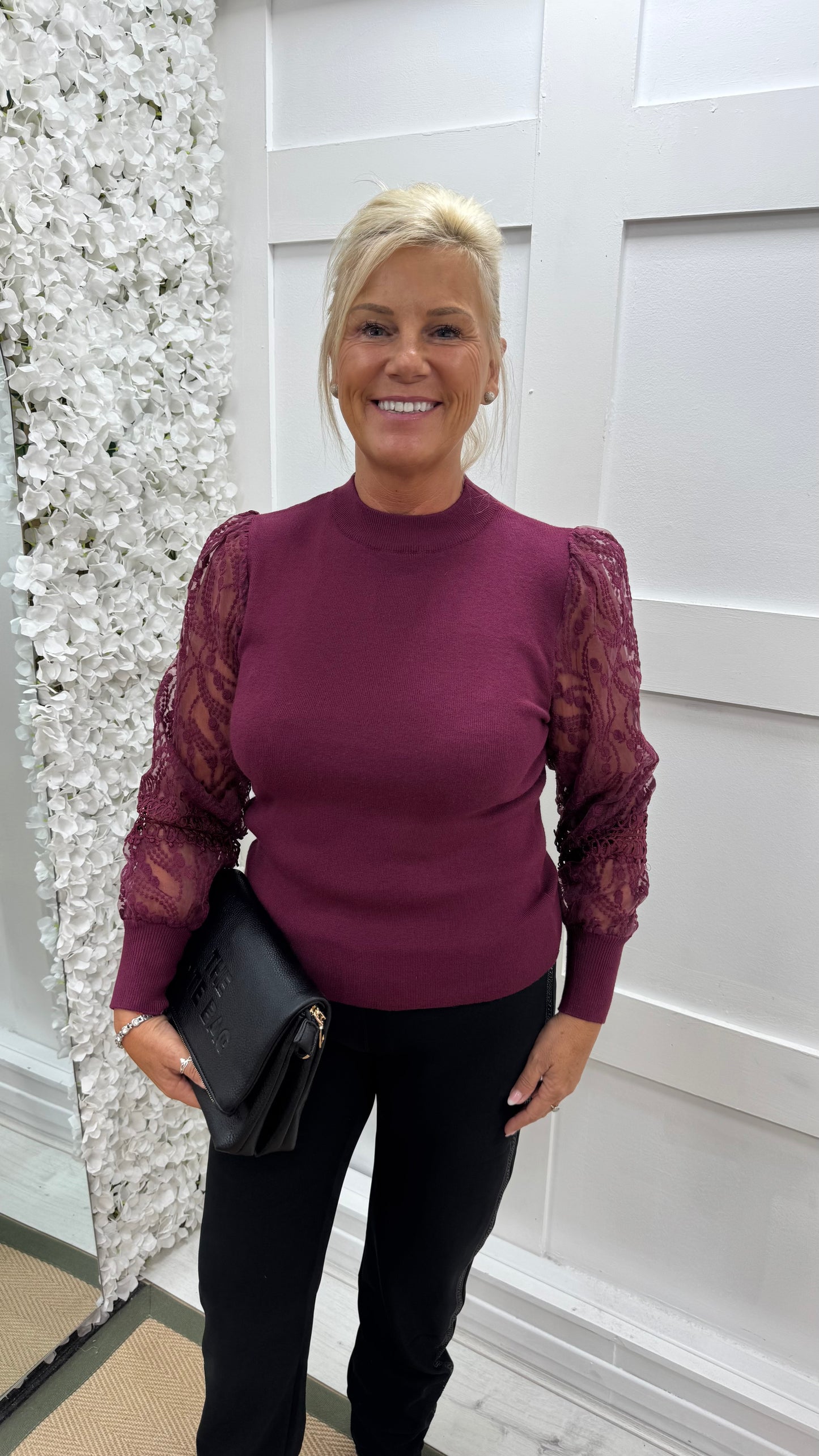 Alora: Burgundy crochet balloon sleeve top. 3 sizes.