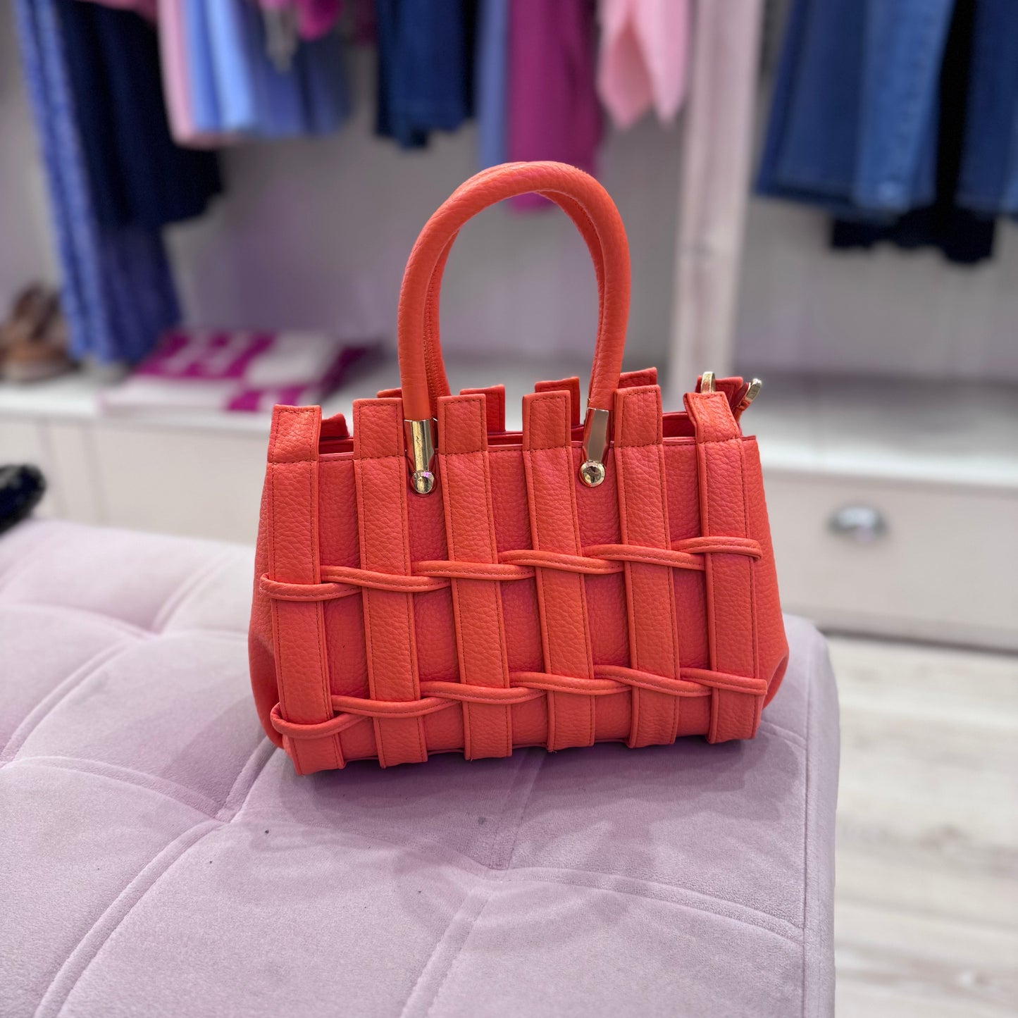 Misha: Small orange weave tote bag