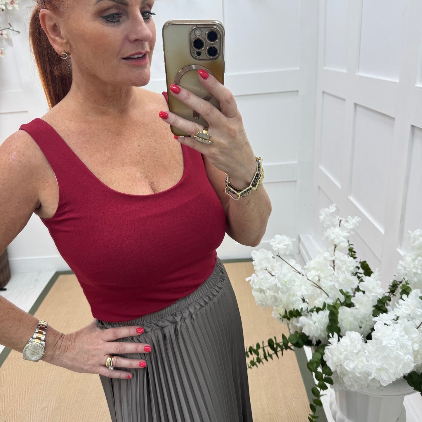 Abigail: Stretchy basic burgundy vest top. 2 sizes