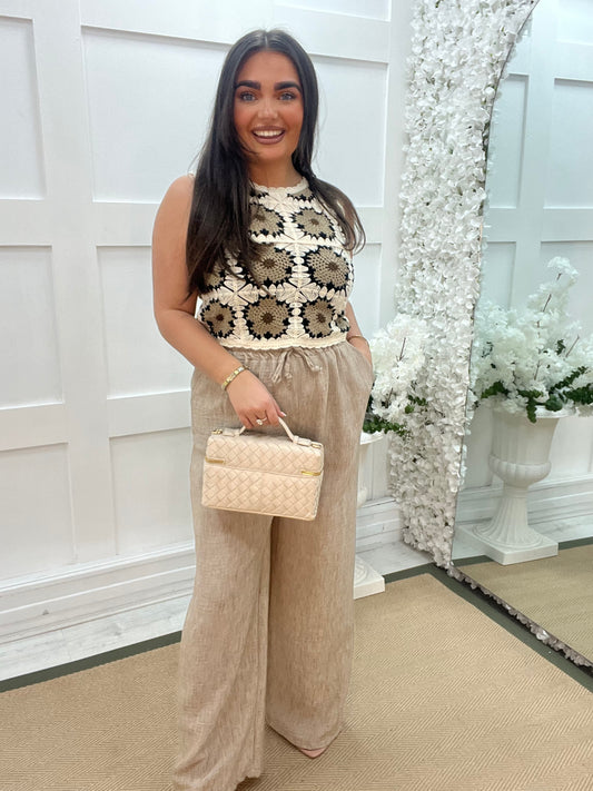 Chloe: Mocha and cream floral crochet tank top. One size: 8-14