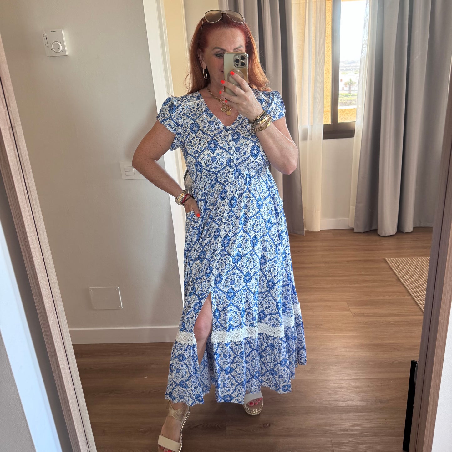 Alicia: China blue & white V neck maxi dress. Sizes: 8-16