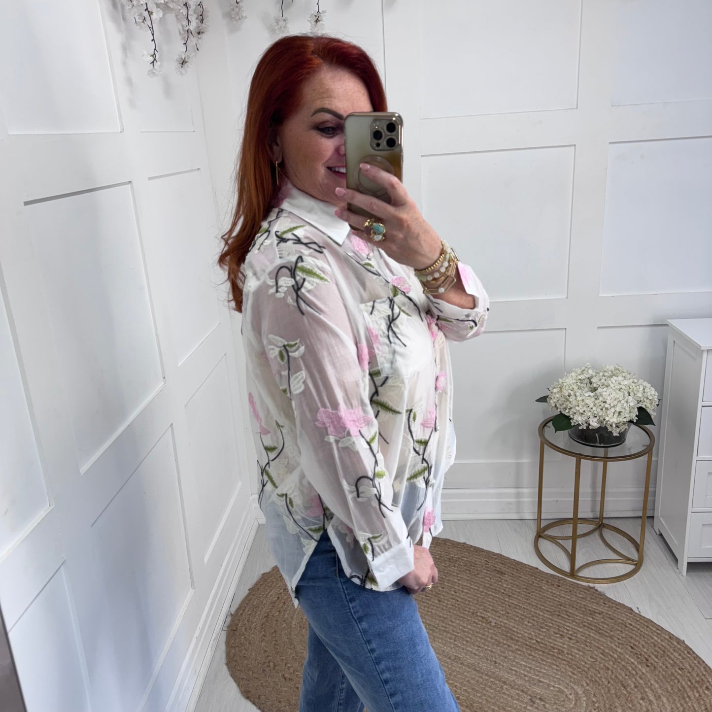 Mia: White blouse with pink acrylic flowers & embroidery. One size: 12-18