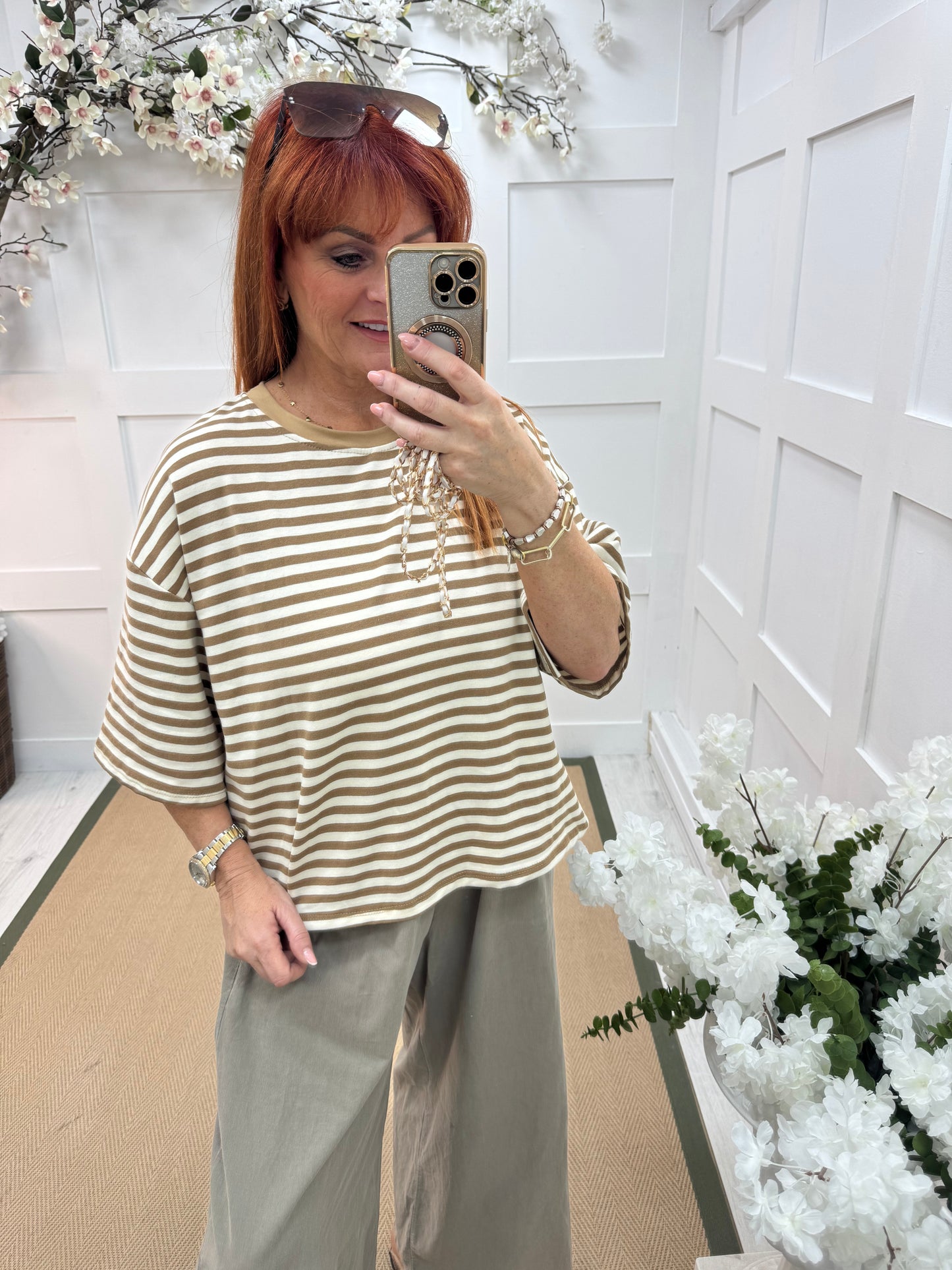 Sobia: Brown & cream striped cotton top. One size 12-18