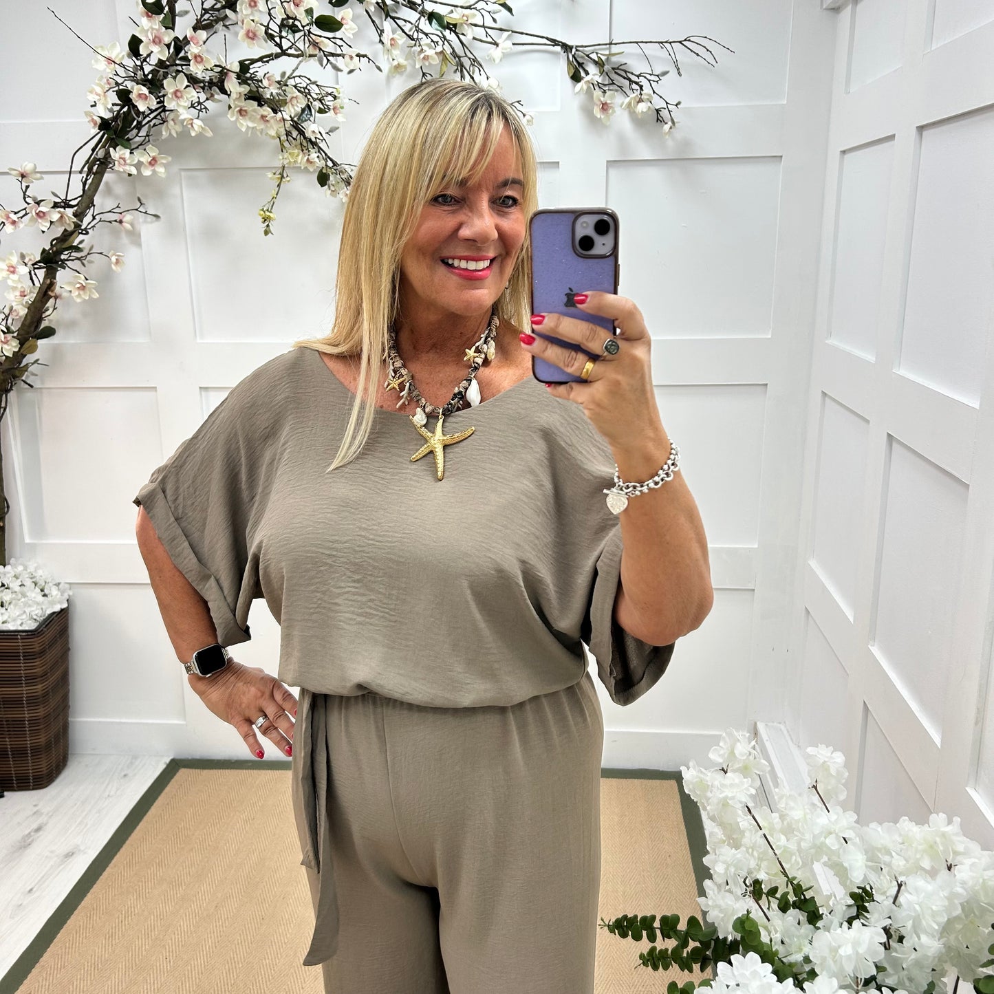 Jessica: Mocha wide leg jumpsuit. One size: 14-18