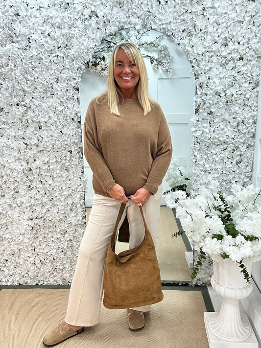 Sammi: Caramel batwing knitted top. One size: 12-18/20